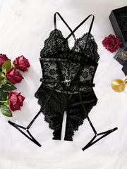 Women's Lace Crotchless Underwear Set with Backless Bodysuit and Garter Belt