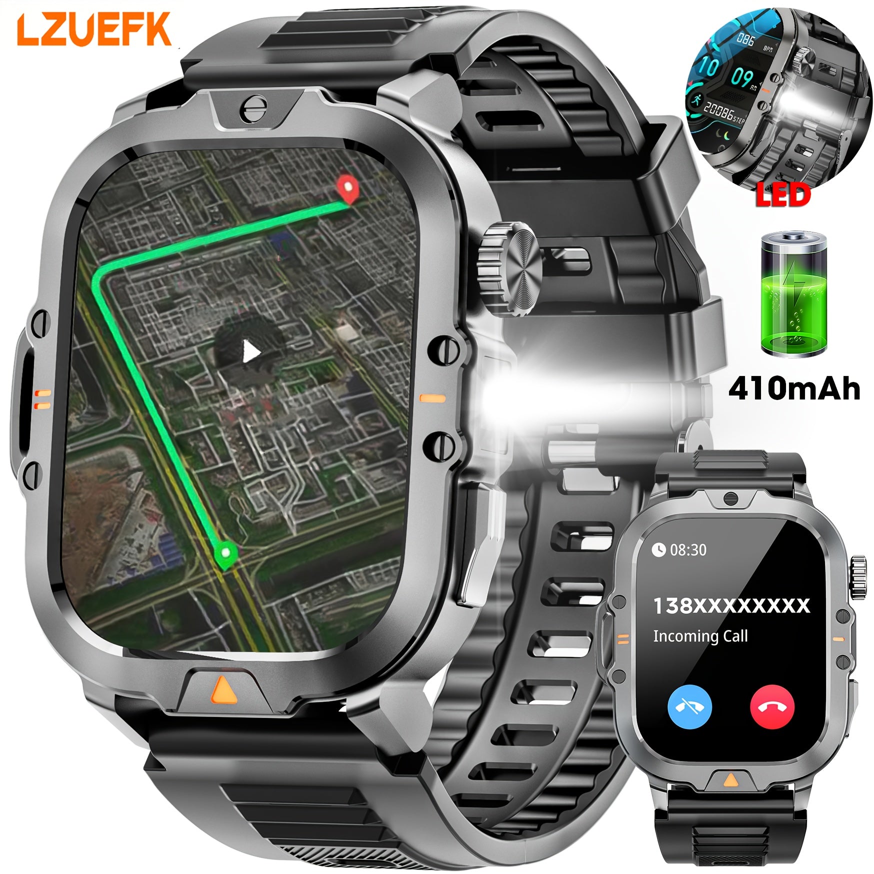 LZUEFK Smartwatch erkaklar va ayollar uchun, 5.11 sm HD ekran, simsiz qo'ng'iroq, fitnes kuzatuvchi, kaloriya va pedometr, mustahkam silikon tasma bilan.