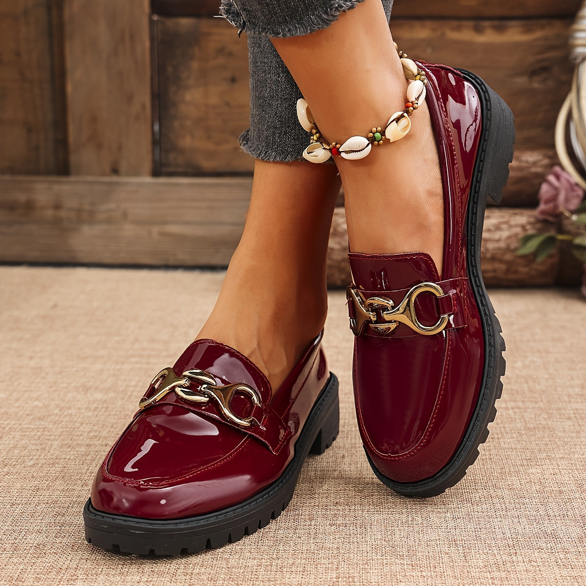 Women's Glossy Red Synthetic Penny Loafers Slip-On Shoes with Cushioned Sole