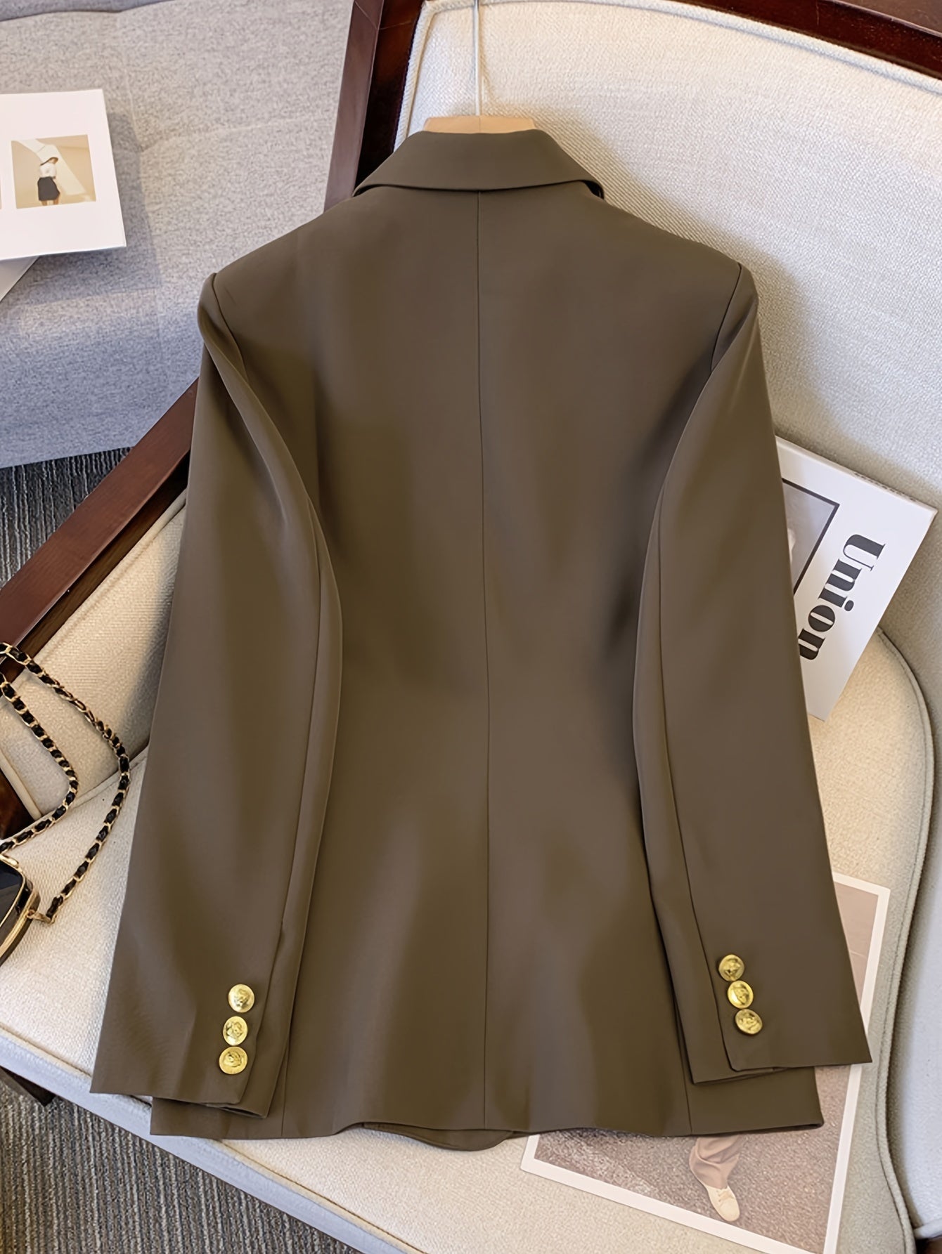 Women's Double Breasted Blazer Solid Color Casual Polyester Suit Jacket Long Sleeve Regular Fit