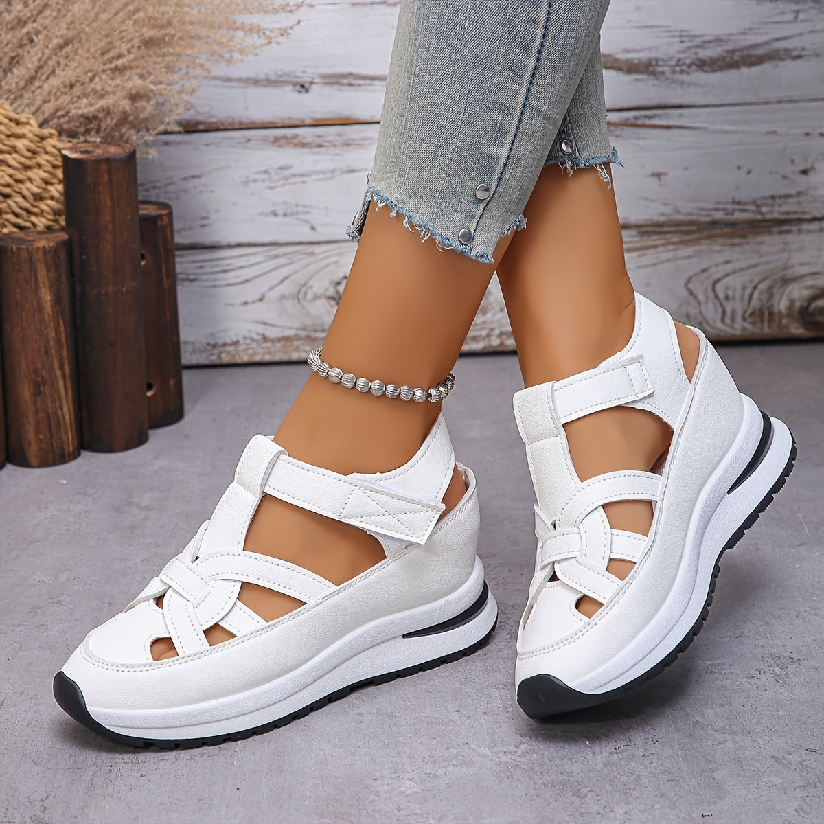 Women's Solid Color Platform Sneakers with Rubber Outsole and Magic Tape Closure