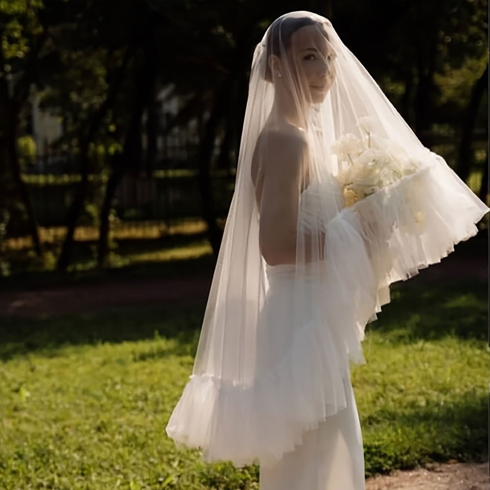 Bridal Veil Ruffle Trim Tassel Sheer Nylon Wedding Accessory