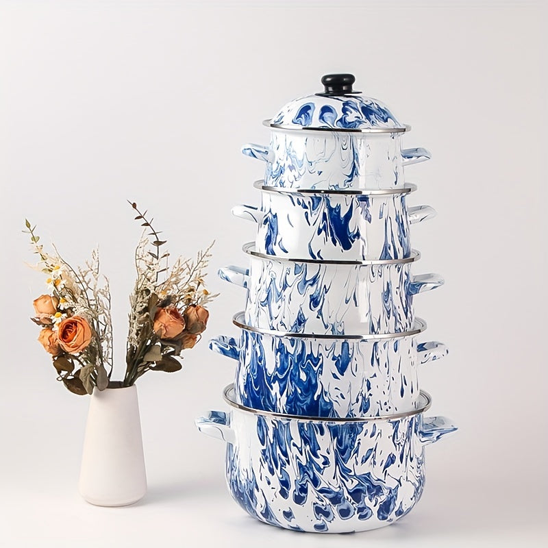 Enamel Cookware Set 5 Pieces Blue Floral Stackable Pots and Pans Kitchen