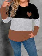Plus Size Women's Color-Block Long Sleeve Top Polyester Blend Round Neck Casual Wear