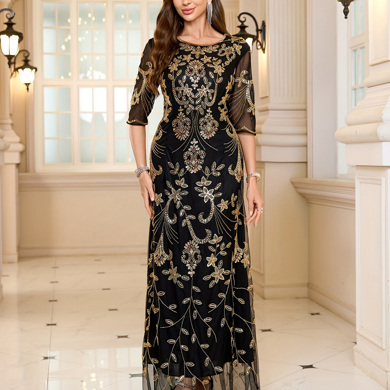 Women's Sequin Beaded Floral Formal Dress Black and Gold for Wedding and Party