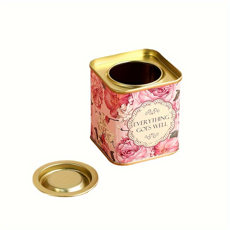 Decorative Floral Tea Storage Tin Square Canister Airtight Lid Food Safe