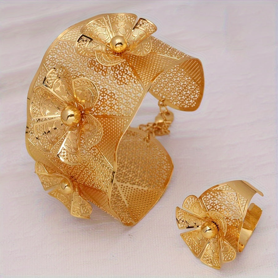 Vintage Boho Copper Jewelry Set for Women Adjustable Cuff and Ring with Floral Design