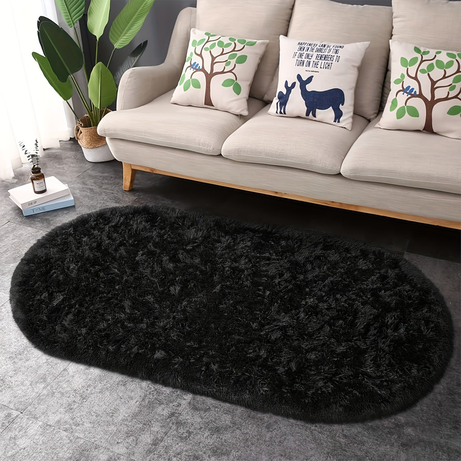 Light Gray Oval Area Rug Soft Plush Polyester Bedroom Living Room Decor