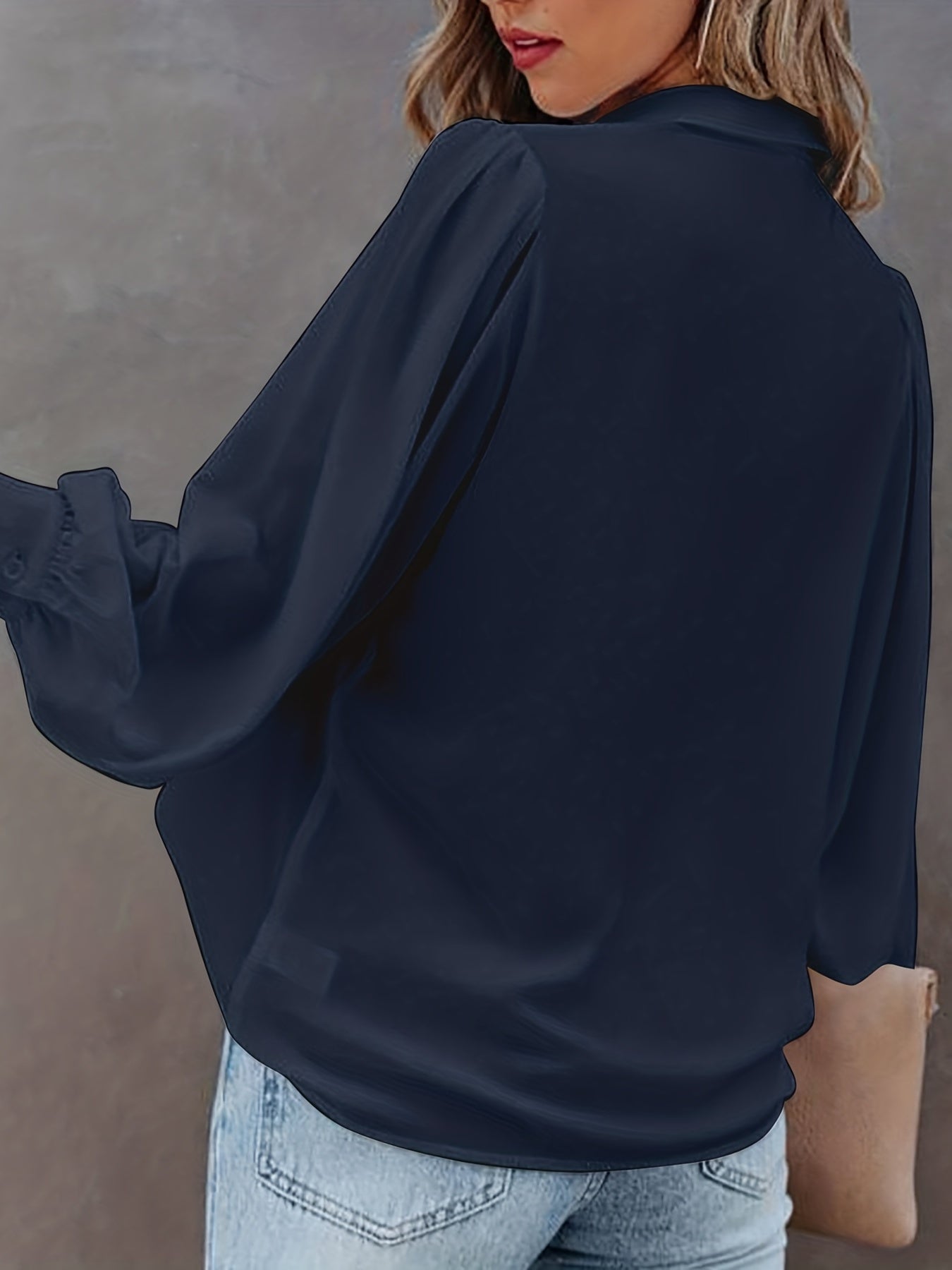 Plus Size Solid Color Button-Up Shirt with Lapel and Long Lantern Sleeves