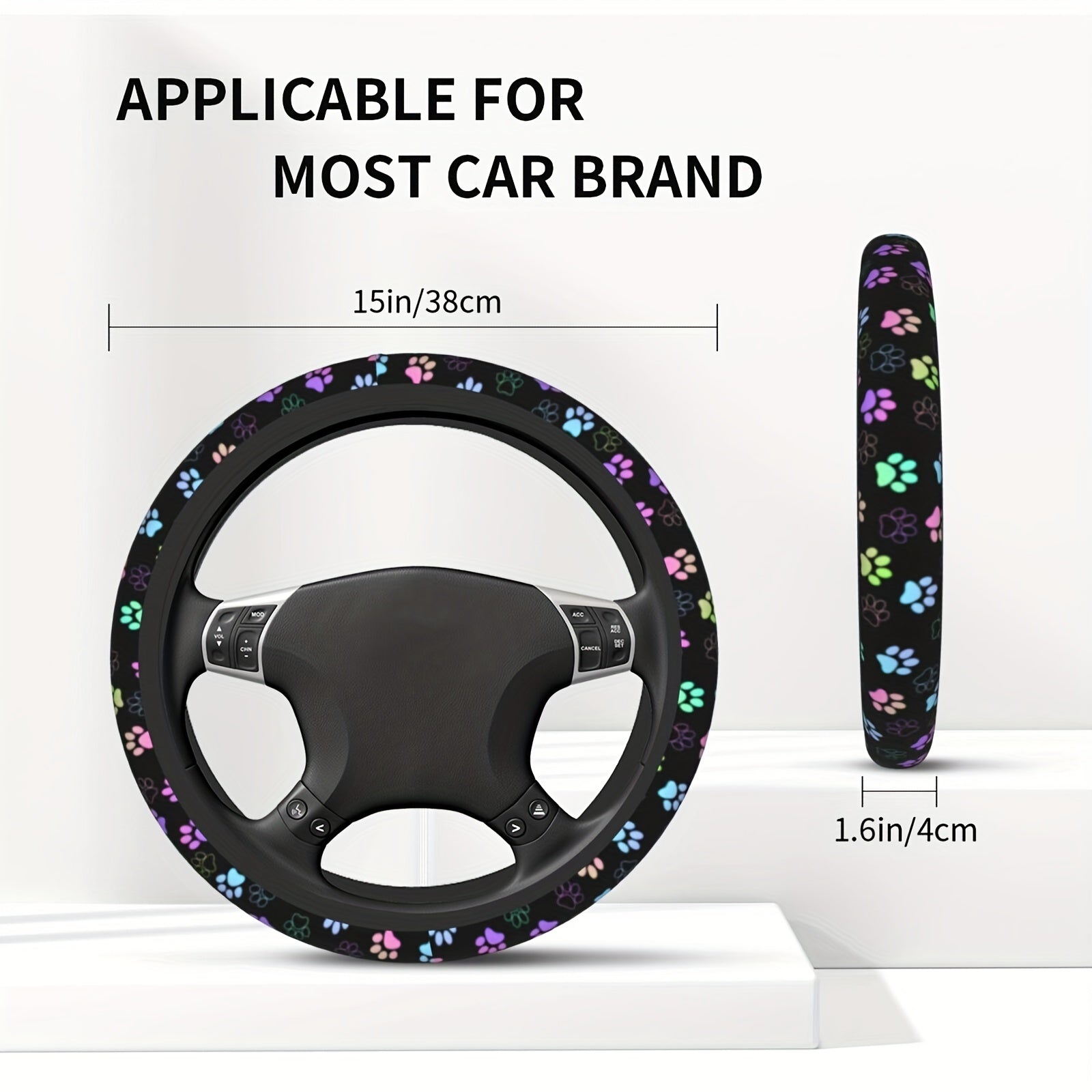 Women Soft Colorful Paw Print Steering Wheel Cover 38.1cm Anti Slip Durable
