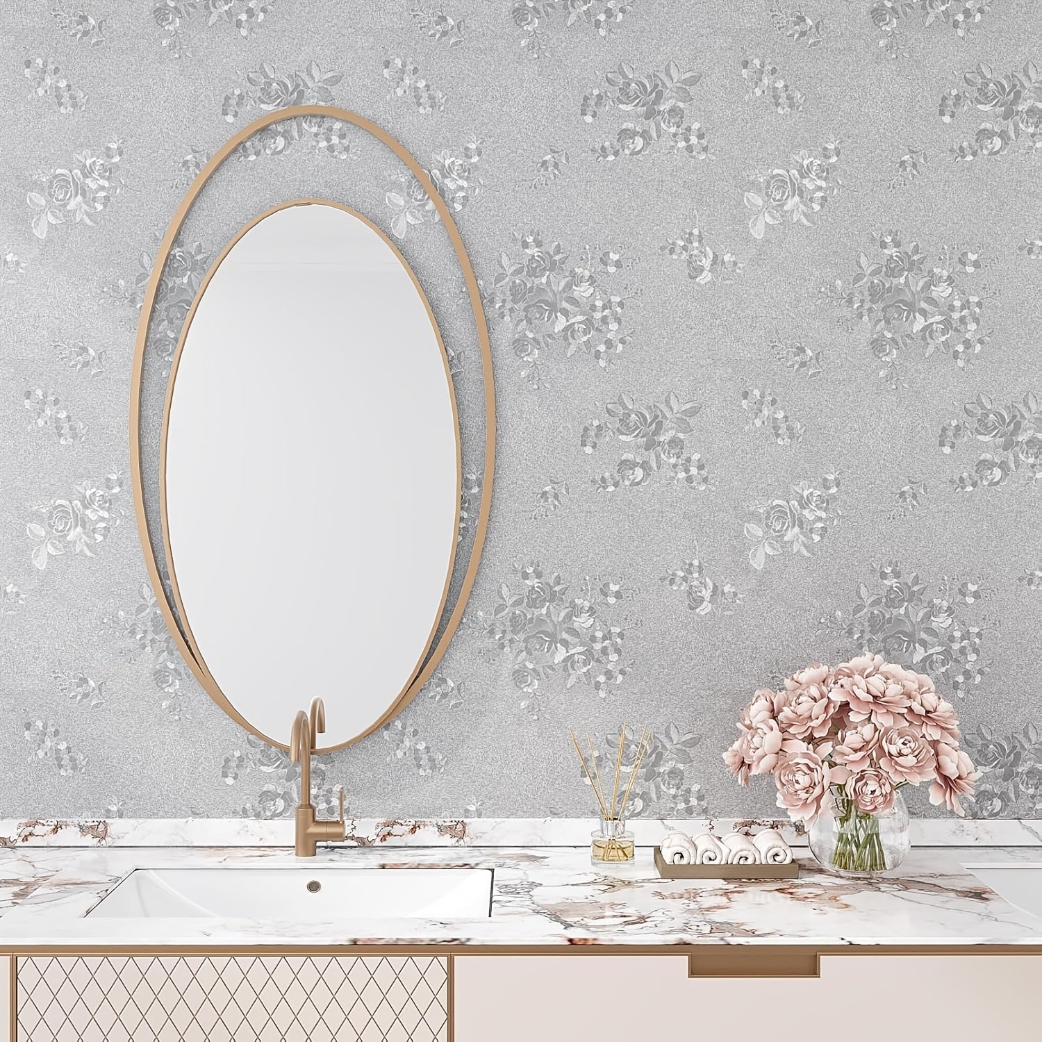 Silver Gray Floral Vinyl Wallpaper Roll Self-Adhesive Removable for Home Decor