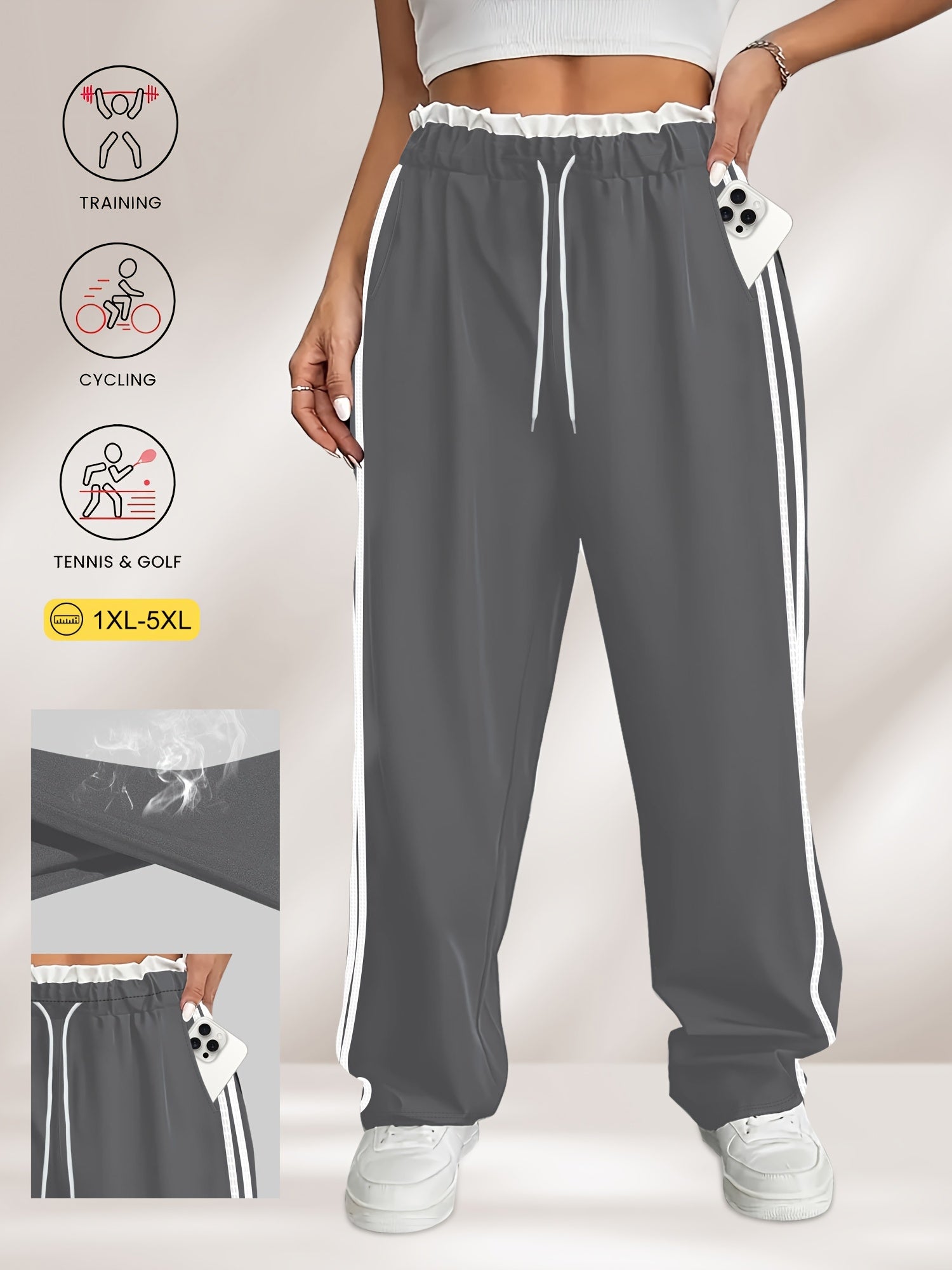 Pantalones casual de mujer de talla grande con cintura alta, rayas laterales y cordón ajustable