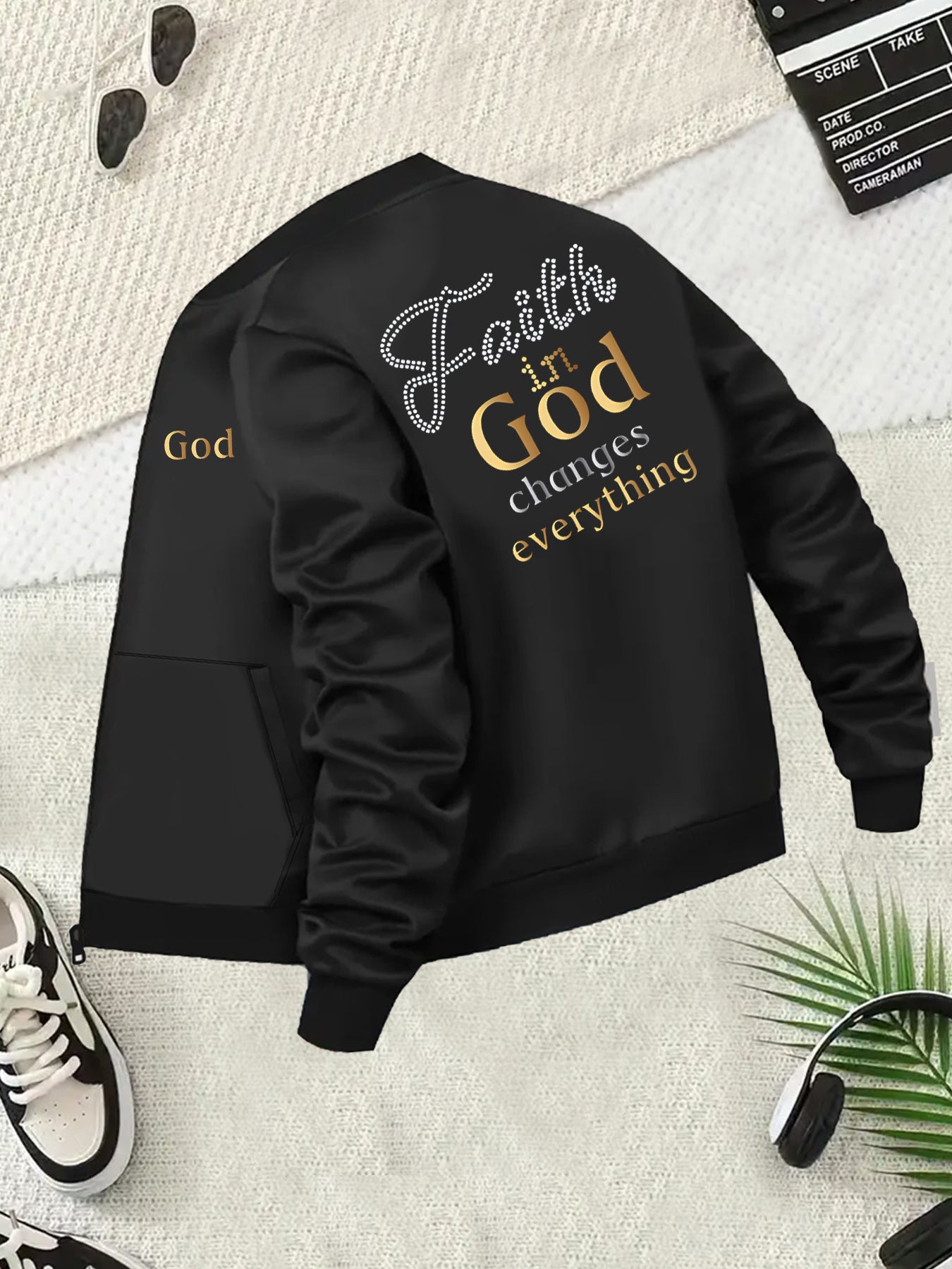 Plus Size Women's Black Baseball Collar Jacket with Gold Lettering