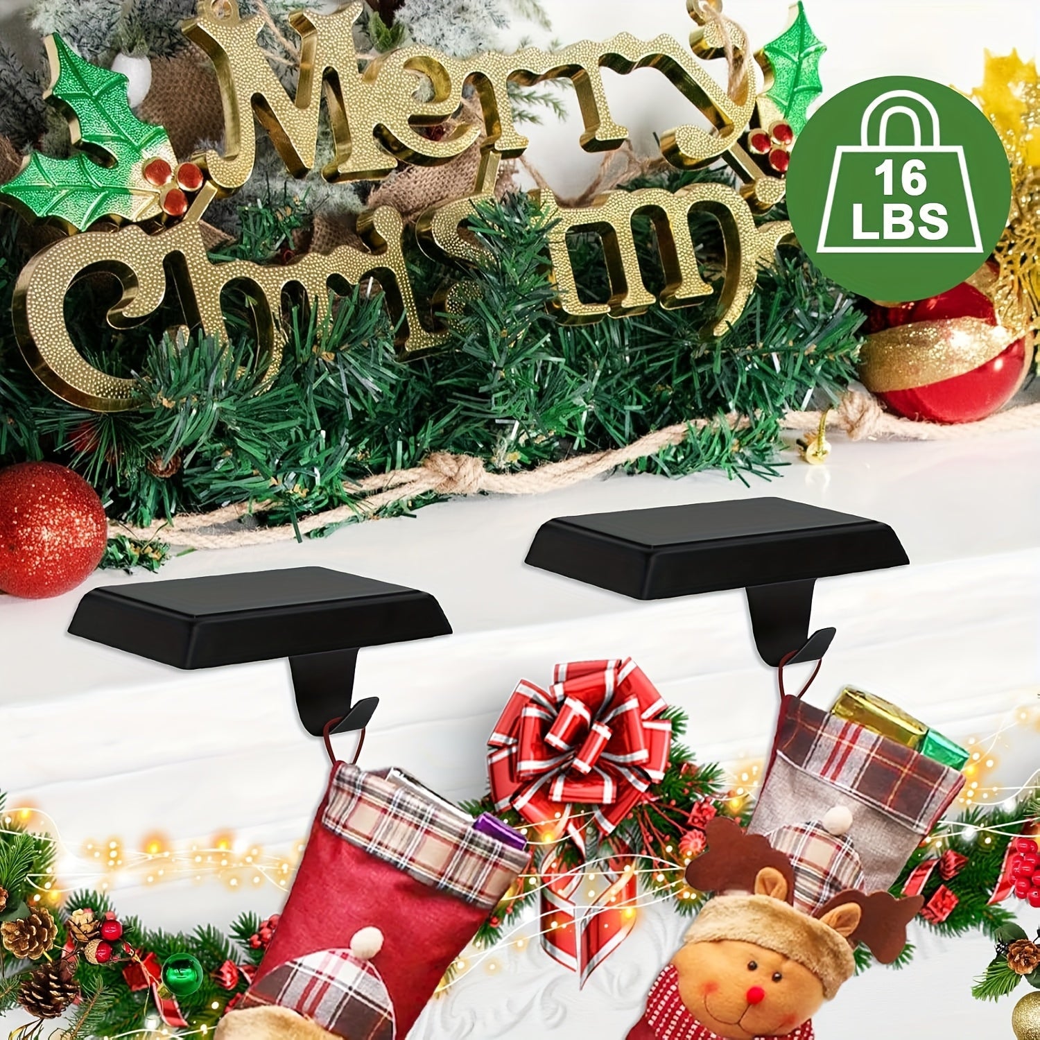 Set of 2 Metal Christmas Stocking Holders Multi-Use Hooks for Mantel and Decor