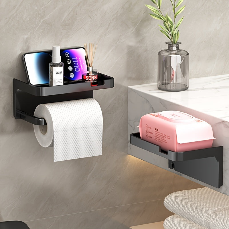 Wall-Mounted Toilet Paper Holder with Phone Stand Self-Adhesive Bathroom Organizer Polished Finish