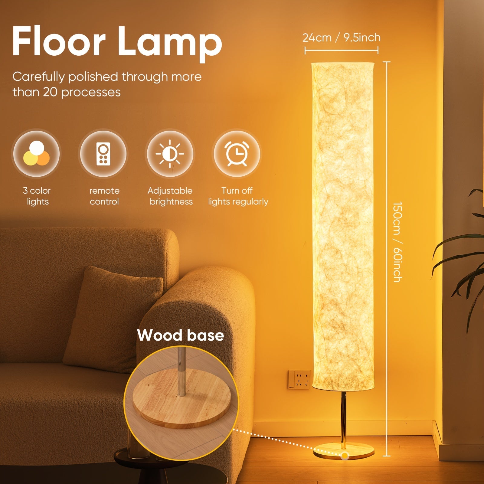 Minimalist Floor Lamp 152.4cm with Warm 3000K LED Light and Fabric Shade