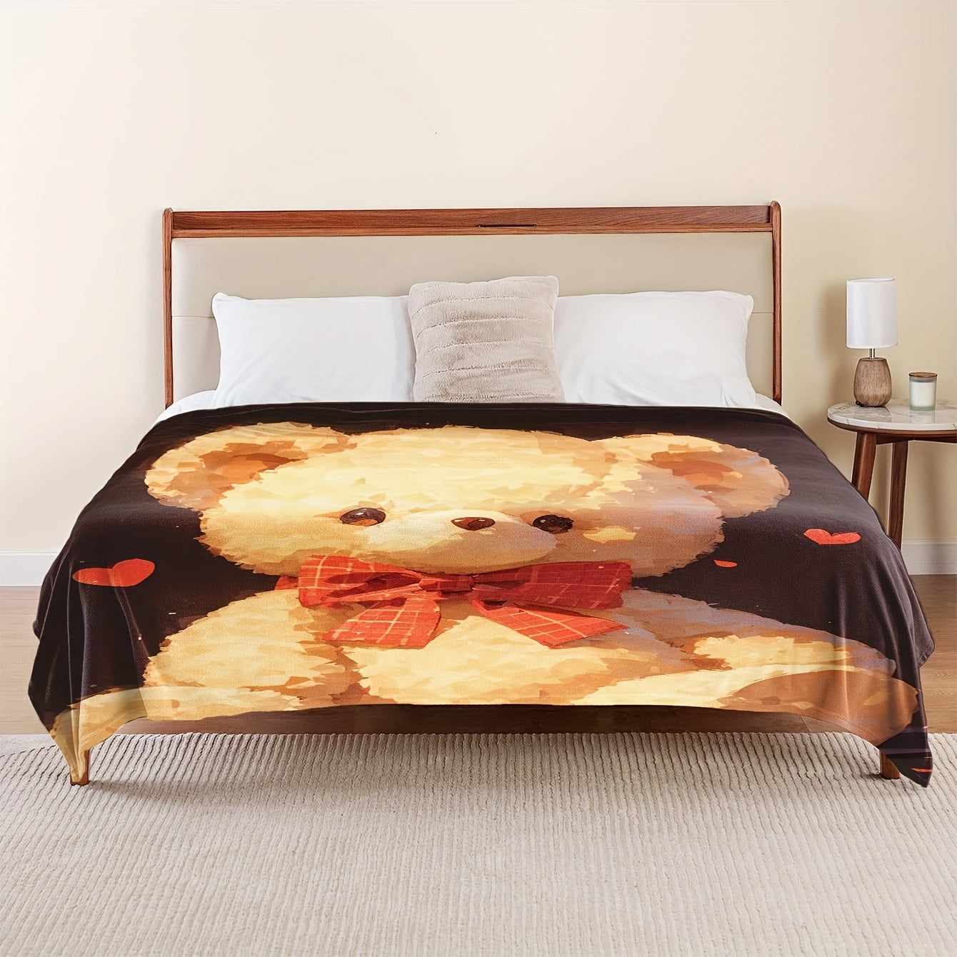 Digital Print Teddy Bear Flannel Throw Blanket Cozy All-Season Cover Brown Love Hearts