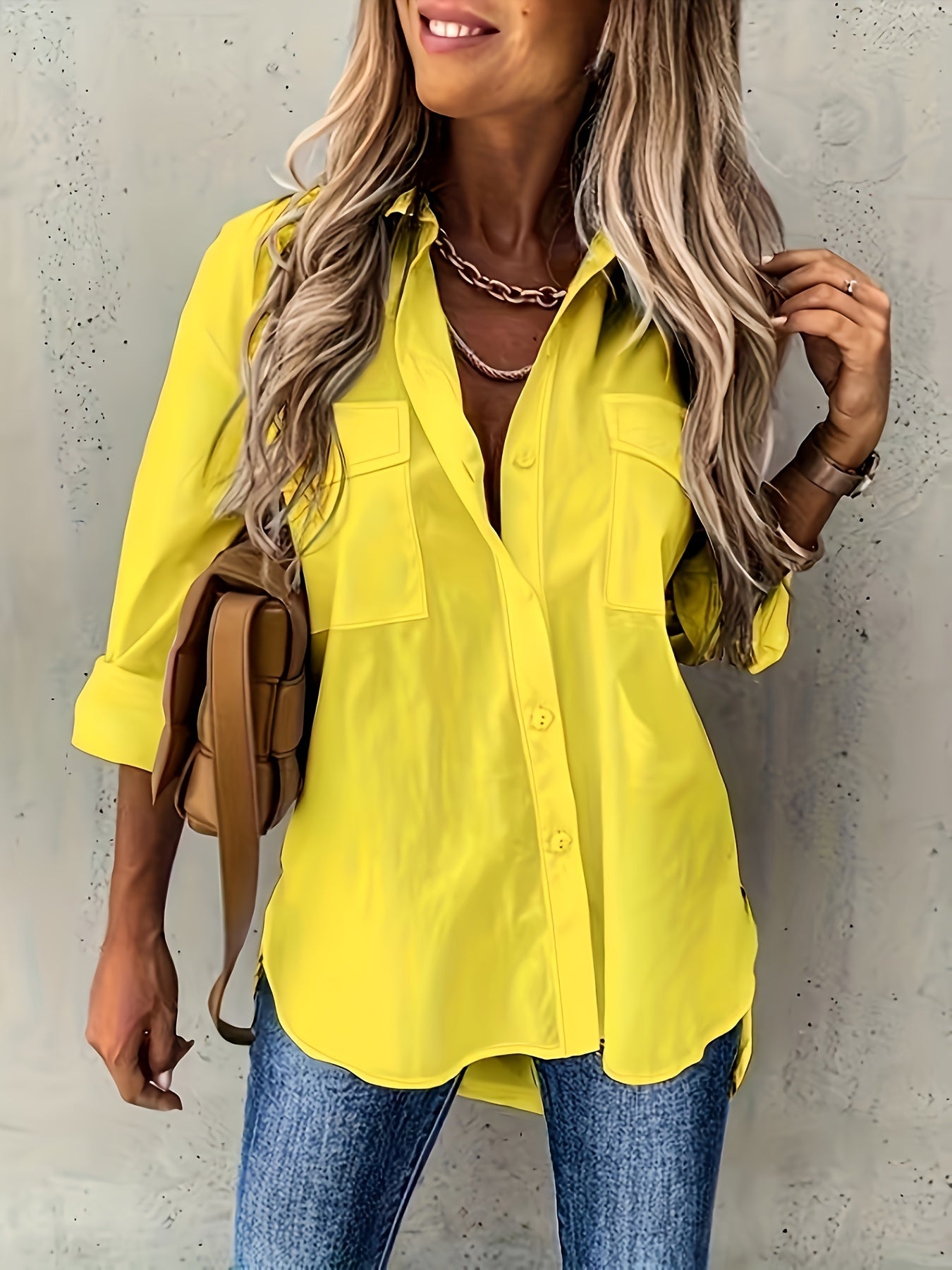 Women's Plus Size Solid Button Front Pocket Shirt Long Sleeve High Low Hem Spring Fall