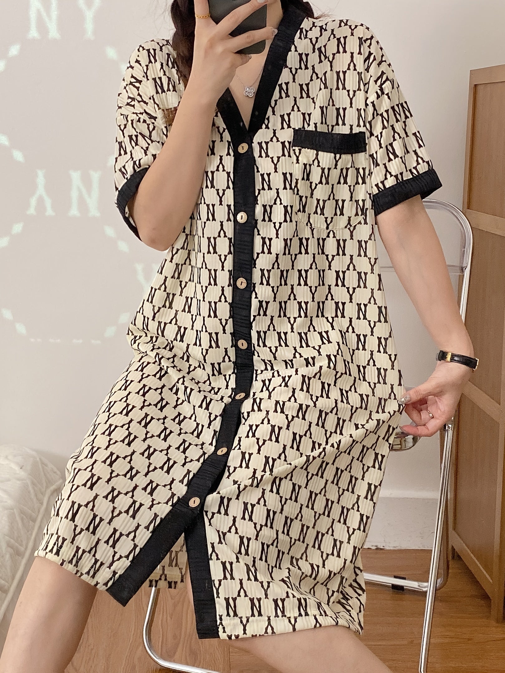 Women's Ribbed Pajama Robe with Letter Print and Colorblock Short Sleeves