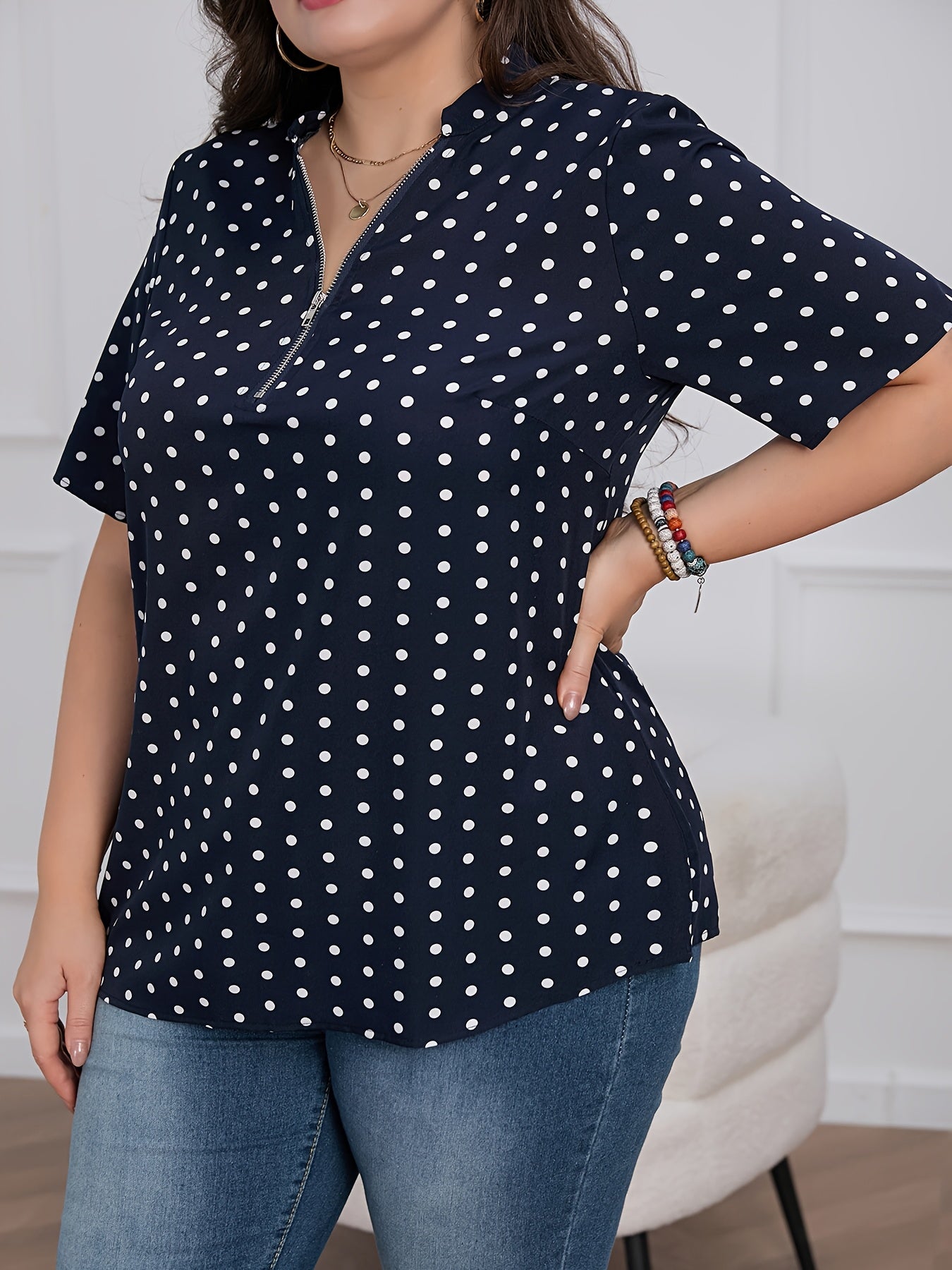 Women's Plus Size Polka Dot V-Neck Short Sleeve Zip Casual Summer Shirt