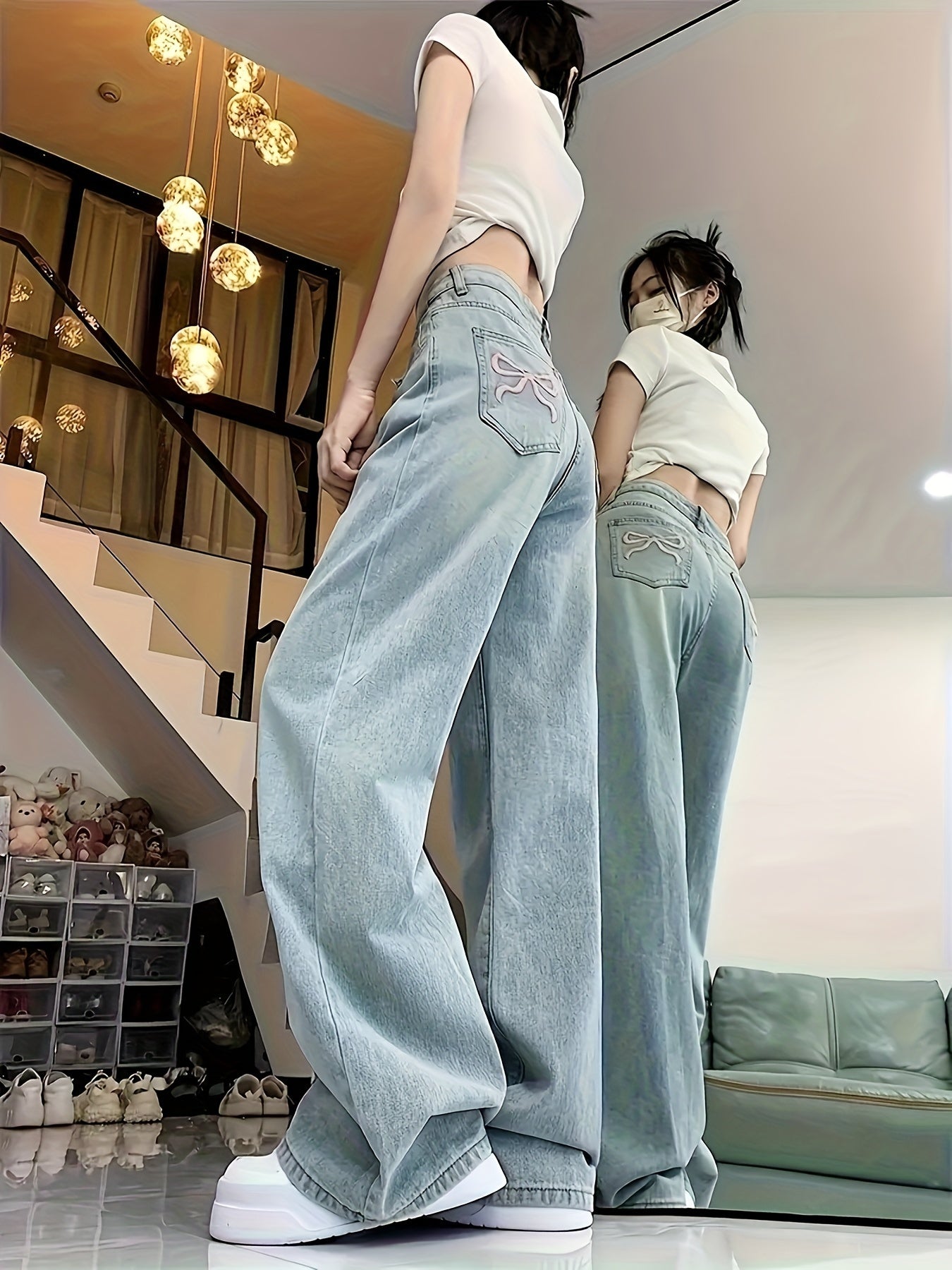 Light Blue High-Waist Embroidered Straight Leg Jeans for Women