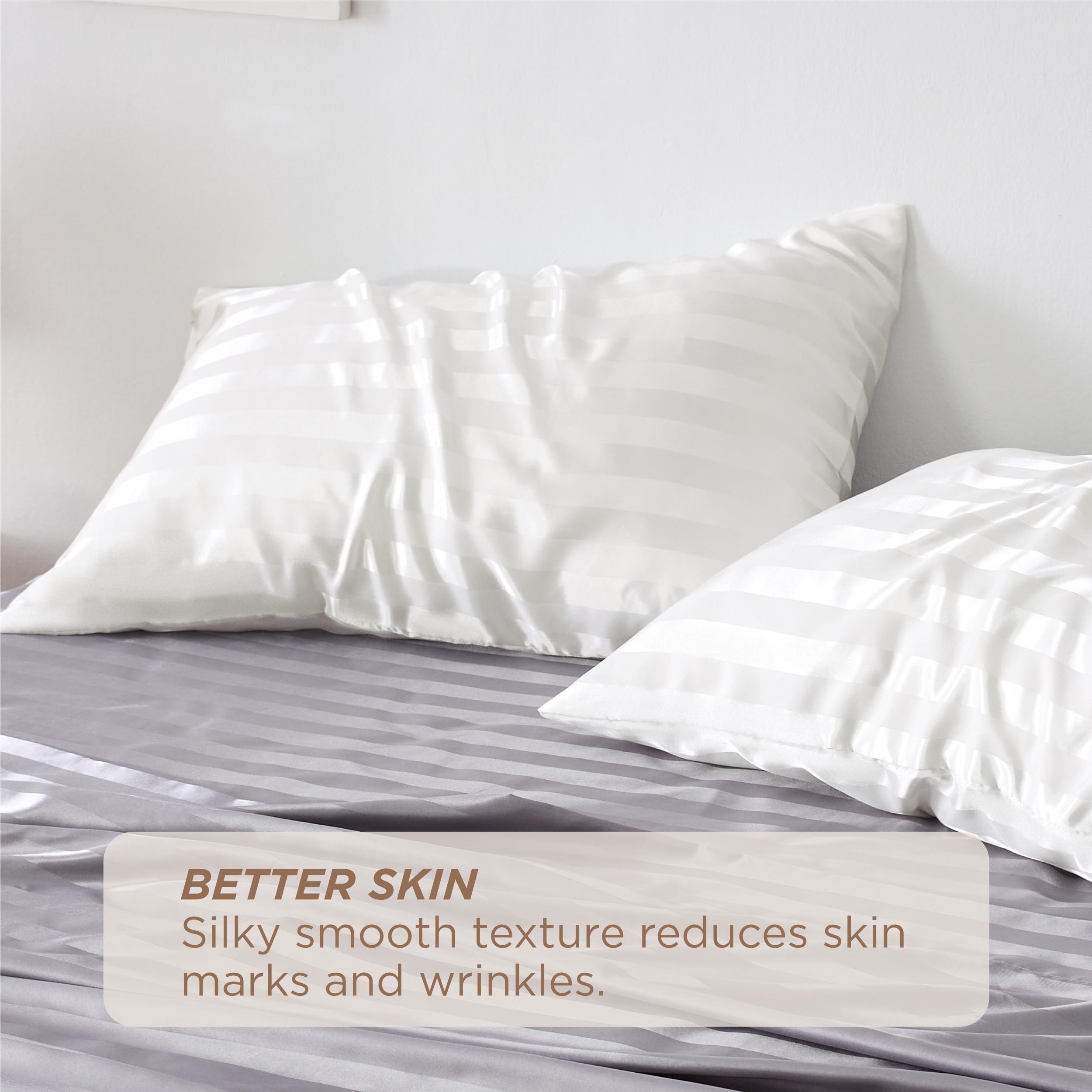 Set of 2 Queen Size Satin Pillowcases for Hair and Skin, Striped Silky Covers
