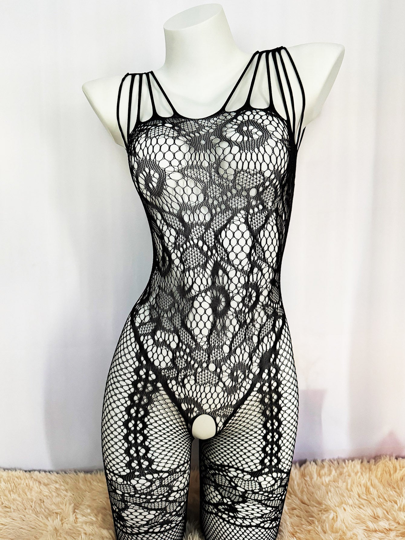 Seductive Fishnet Bodysuit with Jacquard Sleeves Crotchless Garter Socks for Valentine's Day