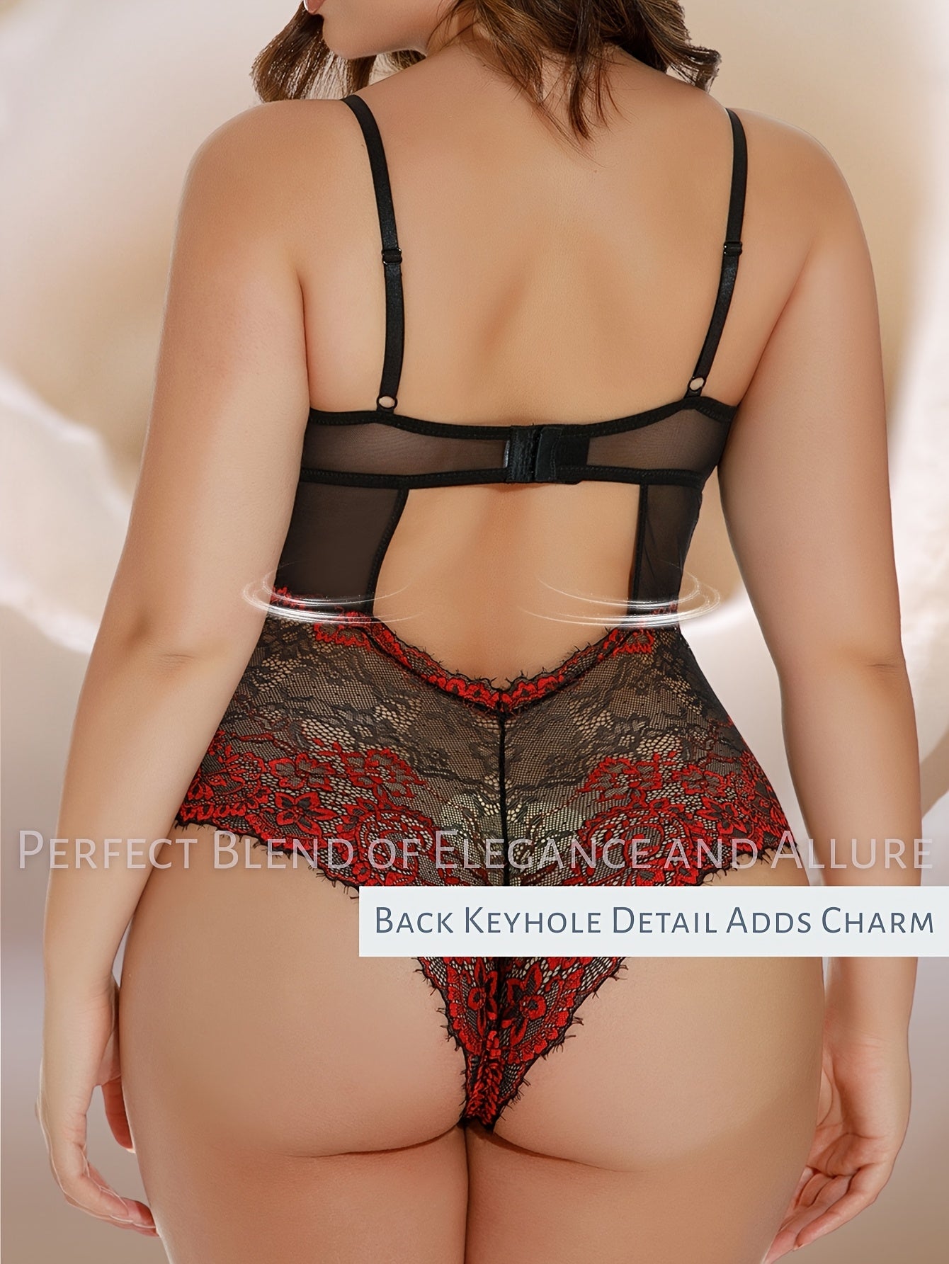 Plus-Size Women's Breathable Lace Mesh Jumpsuit with Color-Block Pattern