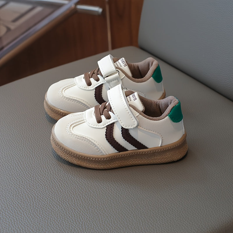Kids Breathable Sneakers with Hook-and-Loop Closure, Soft Beige and White Soles for Casual Outdoor Wear