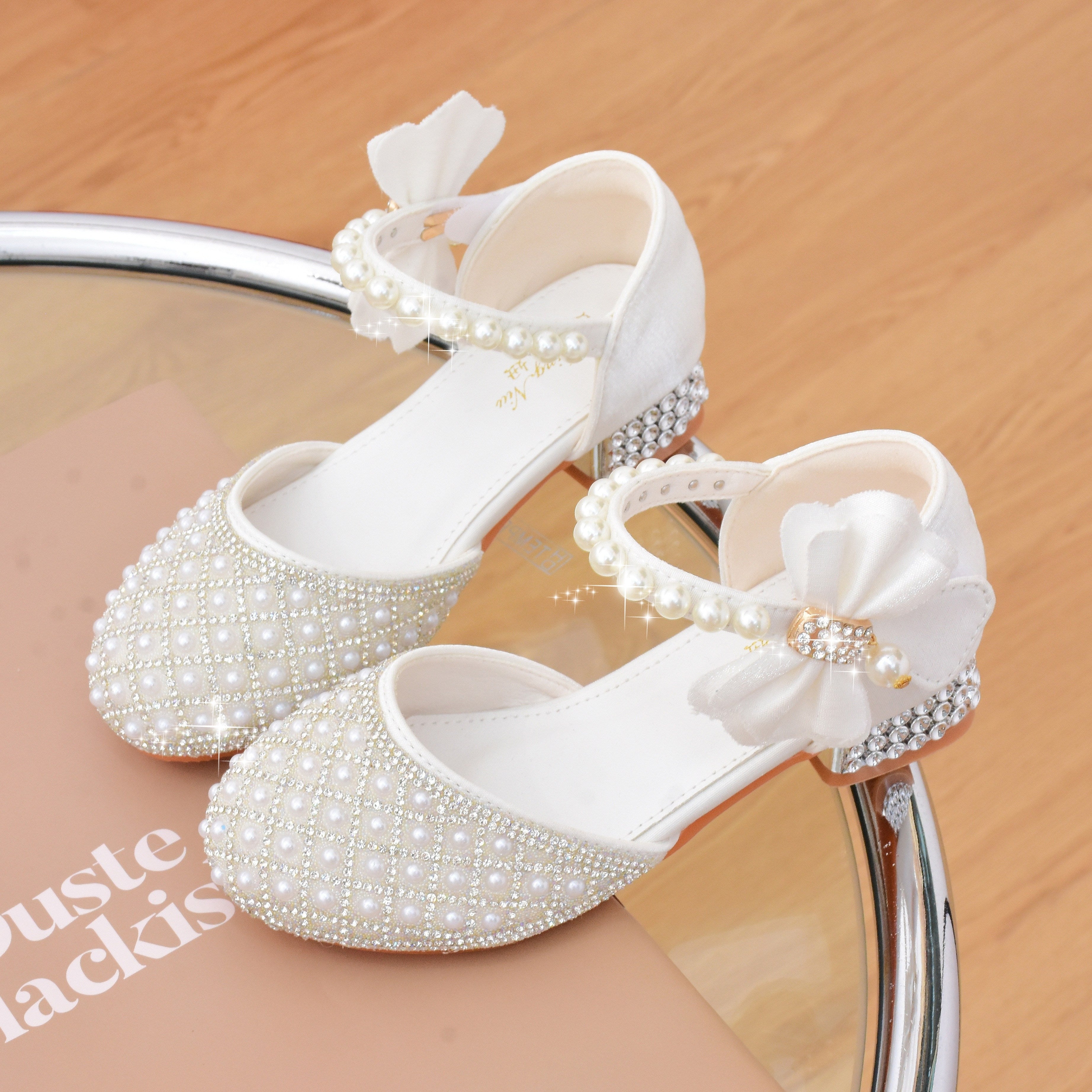 Girls Children's Spring and Summer High Heels with Pearl Crystals Bowknot Butterfly Knot