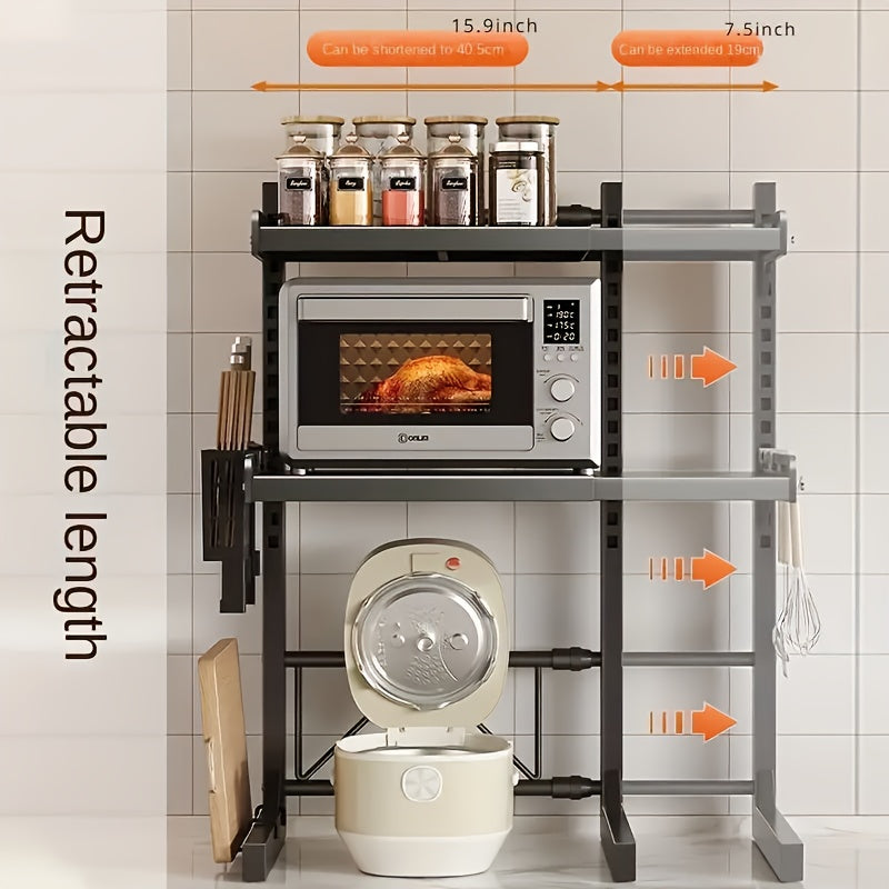 Oshxona texnikasi uchun kengaytiriladigan saqlash racki, qumta va metall quvur materialidan tayyorlangan, pech va plita uchun bracketli polka bilan.