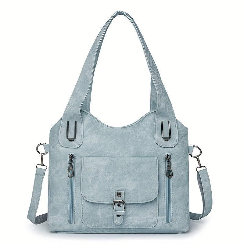 Retro Women's Shoulder Tote Bag Faux Leather Light Blue Blue Black Adjustable Zipper Pockets