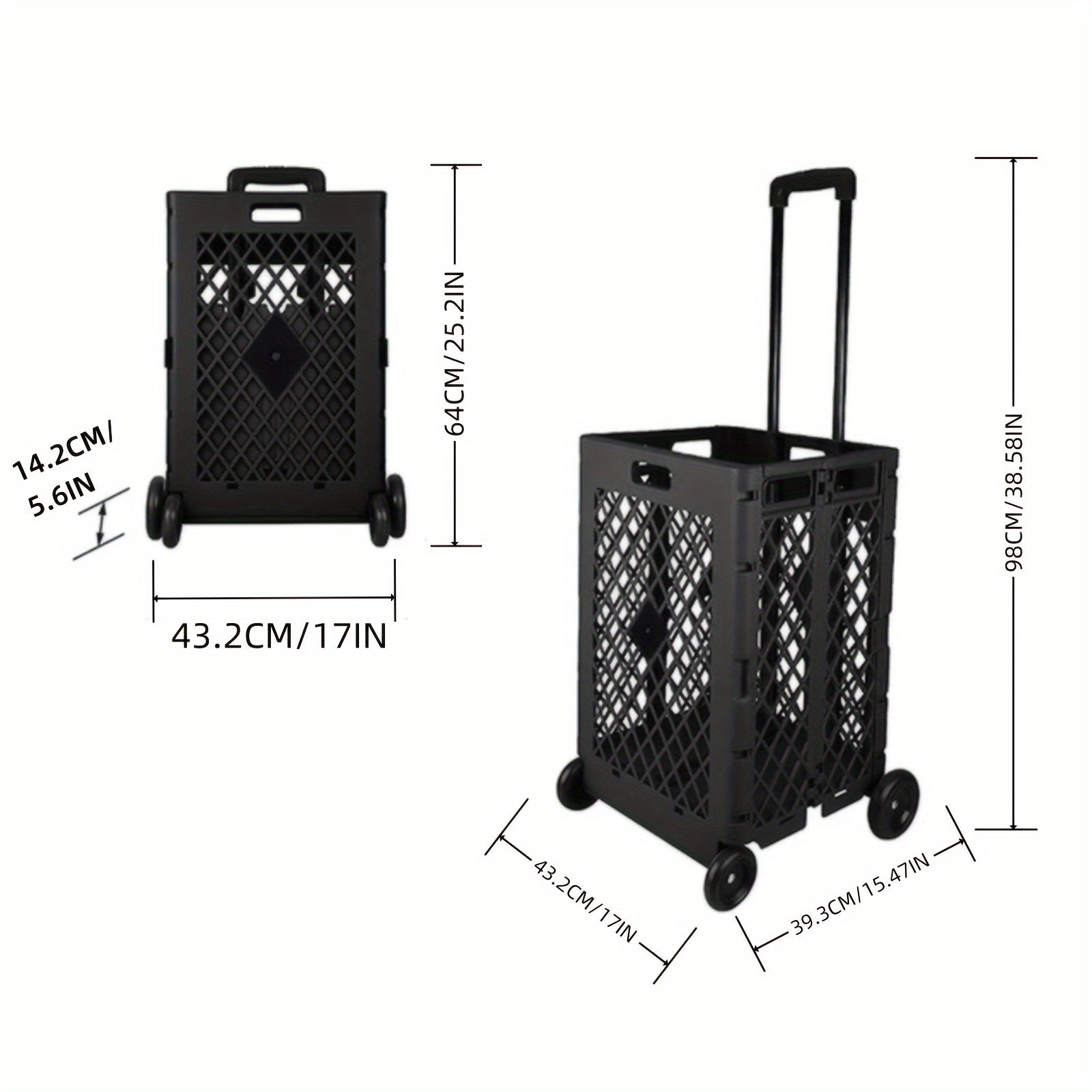 Black Portable Collapsible Storage Cart with 4 Wheels 55L Trolley for Kitchen