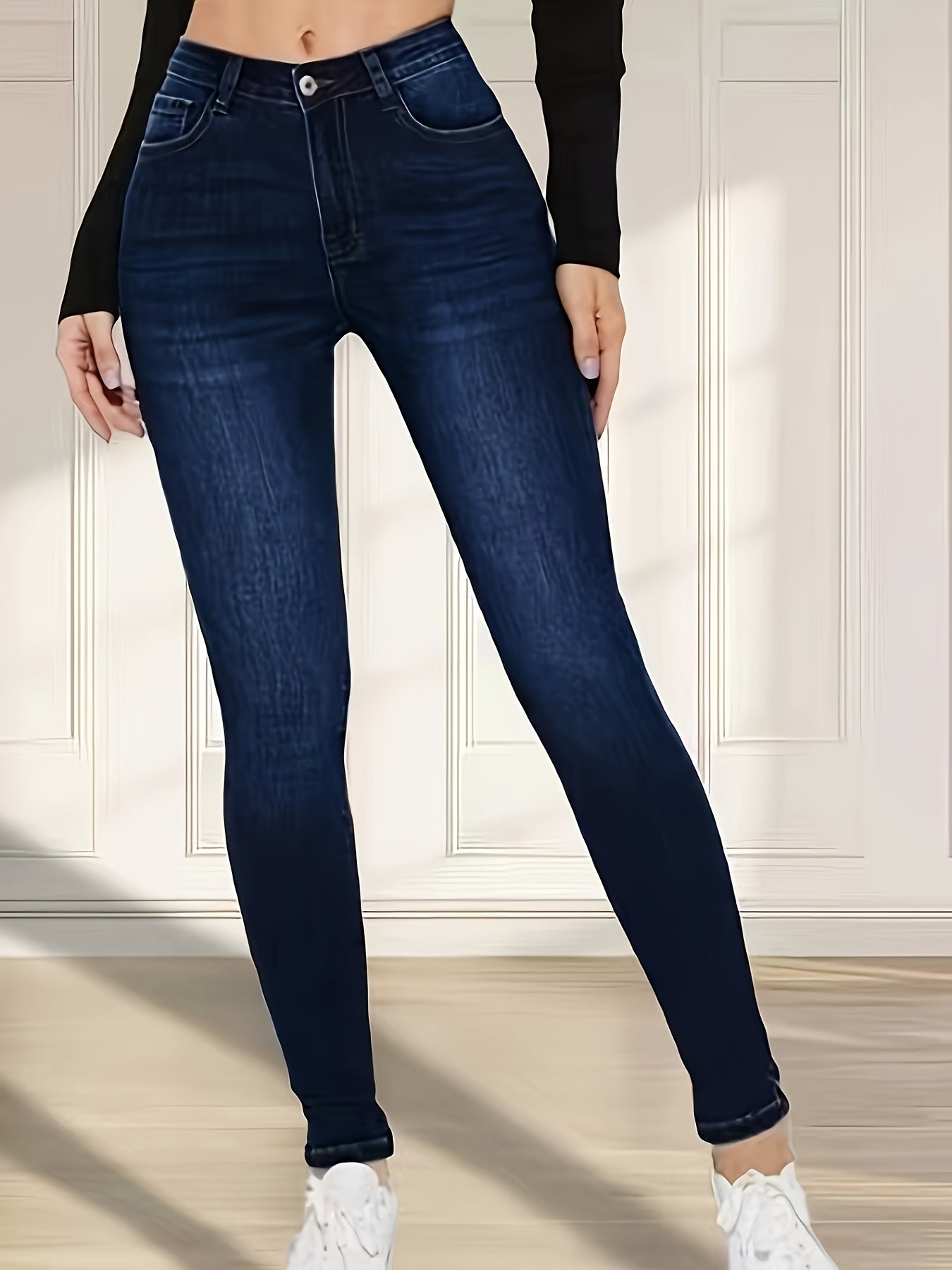 Women's High-Waisted Stretch Denim Jeans Solid Color Medium Wash Skinny All-Season