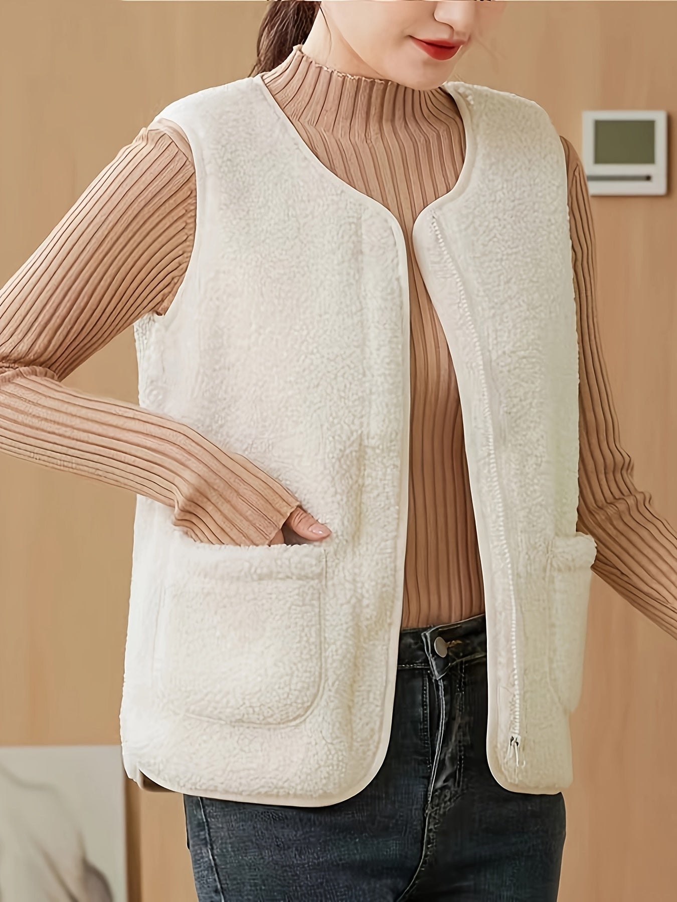 Women's Winter Lamb Vest Sleeveless Plush Jacket with Pockets and Zipper Front