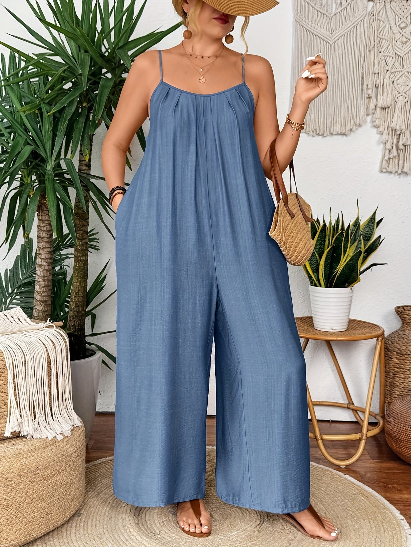 Plus Size Women's Light Blue Wide Leg Jumpsuit with Pockets