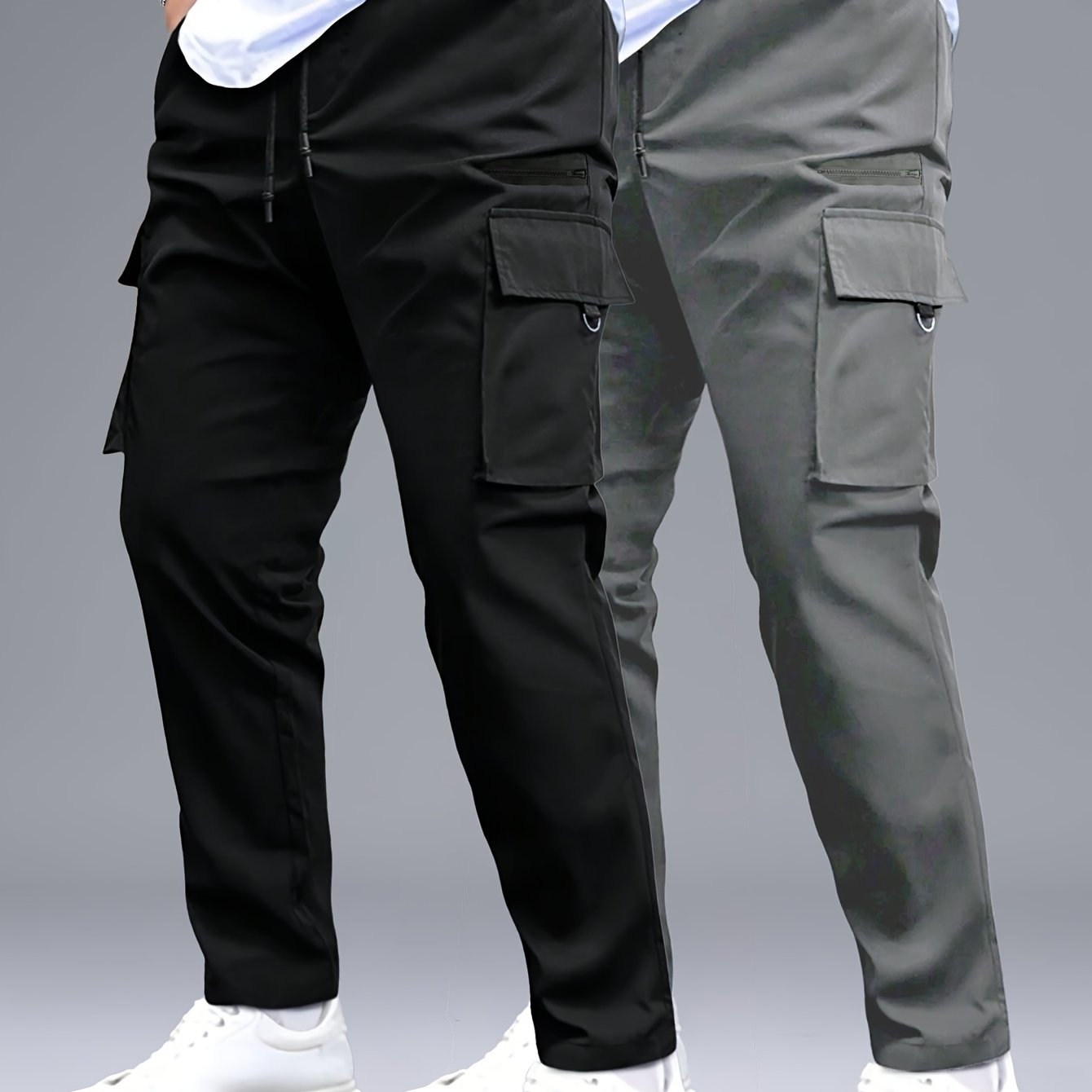 Men's Cargo Pants Black Gray Woven Polyester Regular Fit Drawstring Waist All-Season Casual Outdoor