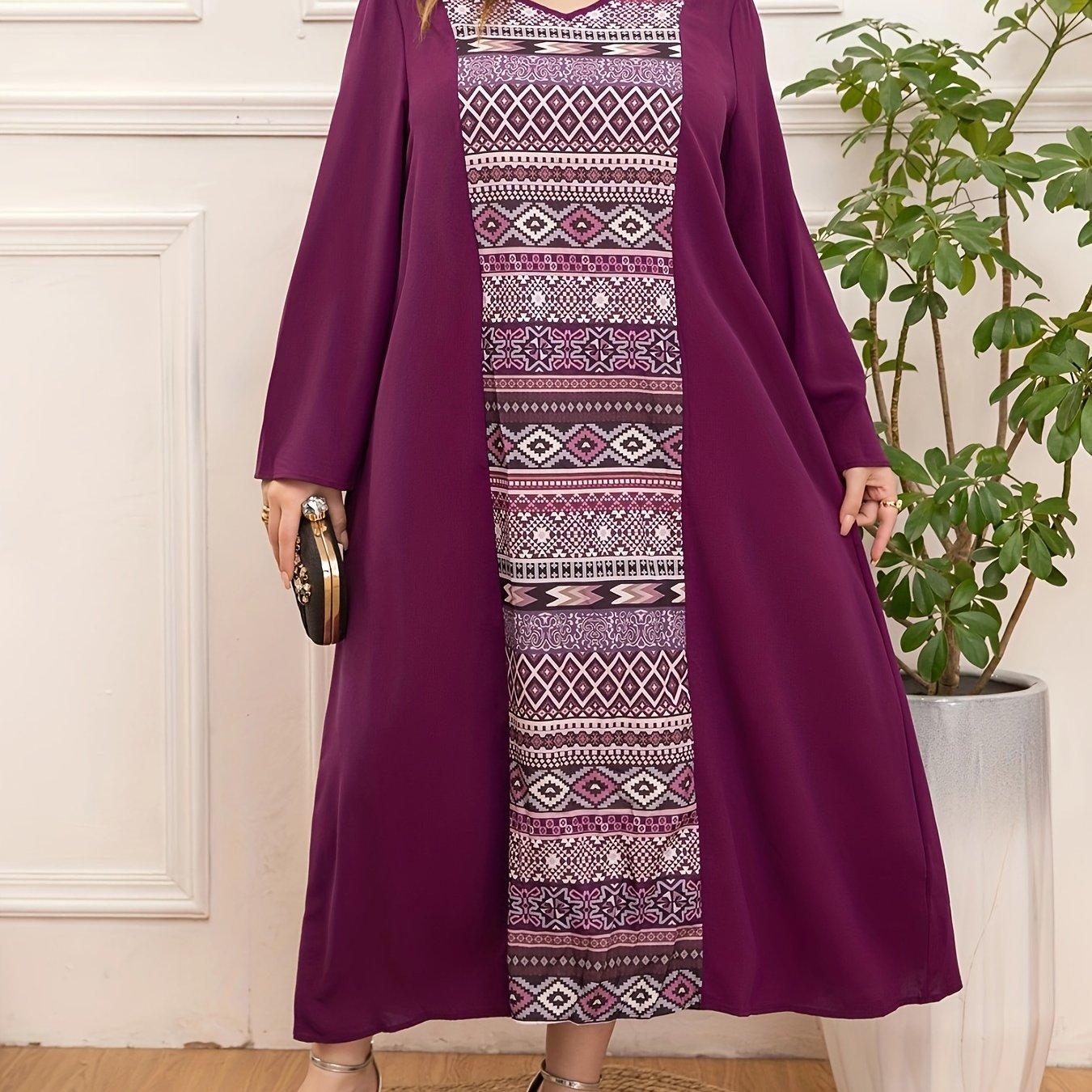 Women's Plus Size V-Neck Tunic Dress Polyester All-Season Loose Fit