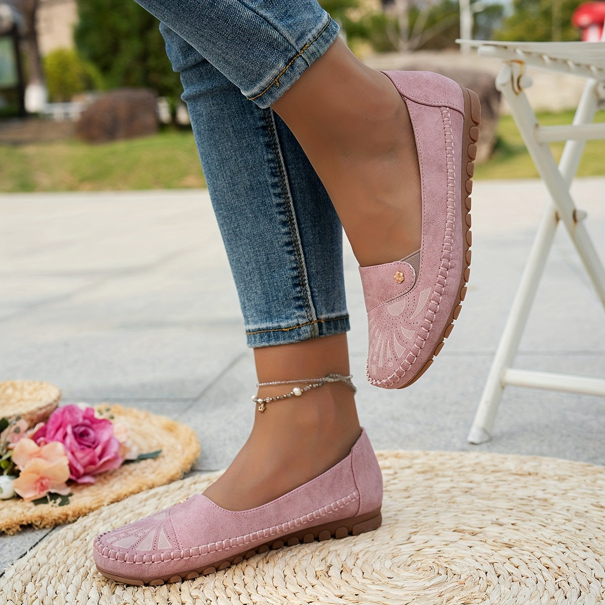 Ayollar uchun vintage gul naqshli lenta bilan yopiladigan kundalik qulay barcha mavsum poyabzali