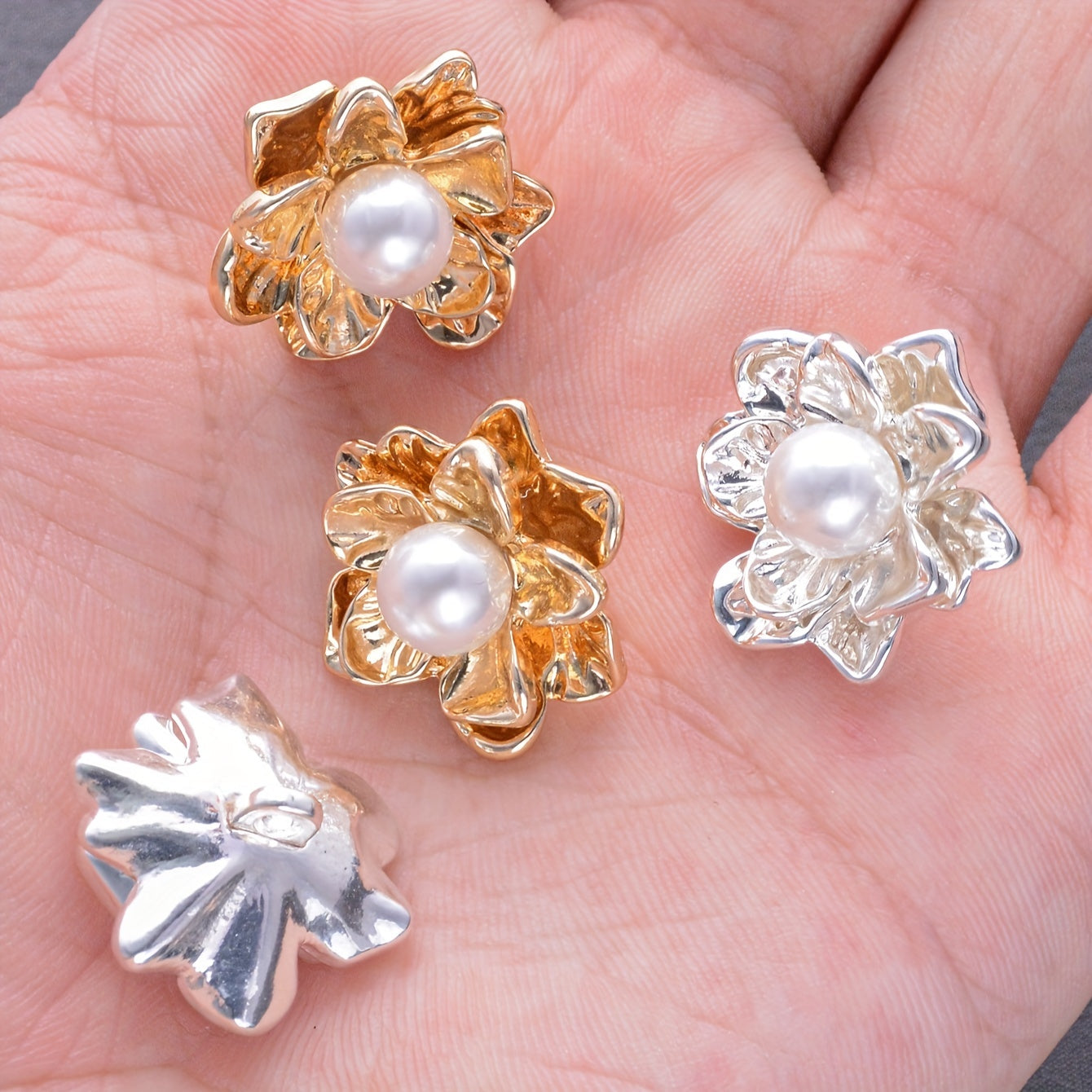 Set of 3 Pearl Flower Buttons Alloy for Clothing DIY Sewing Accessories