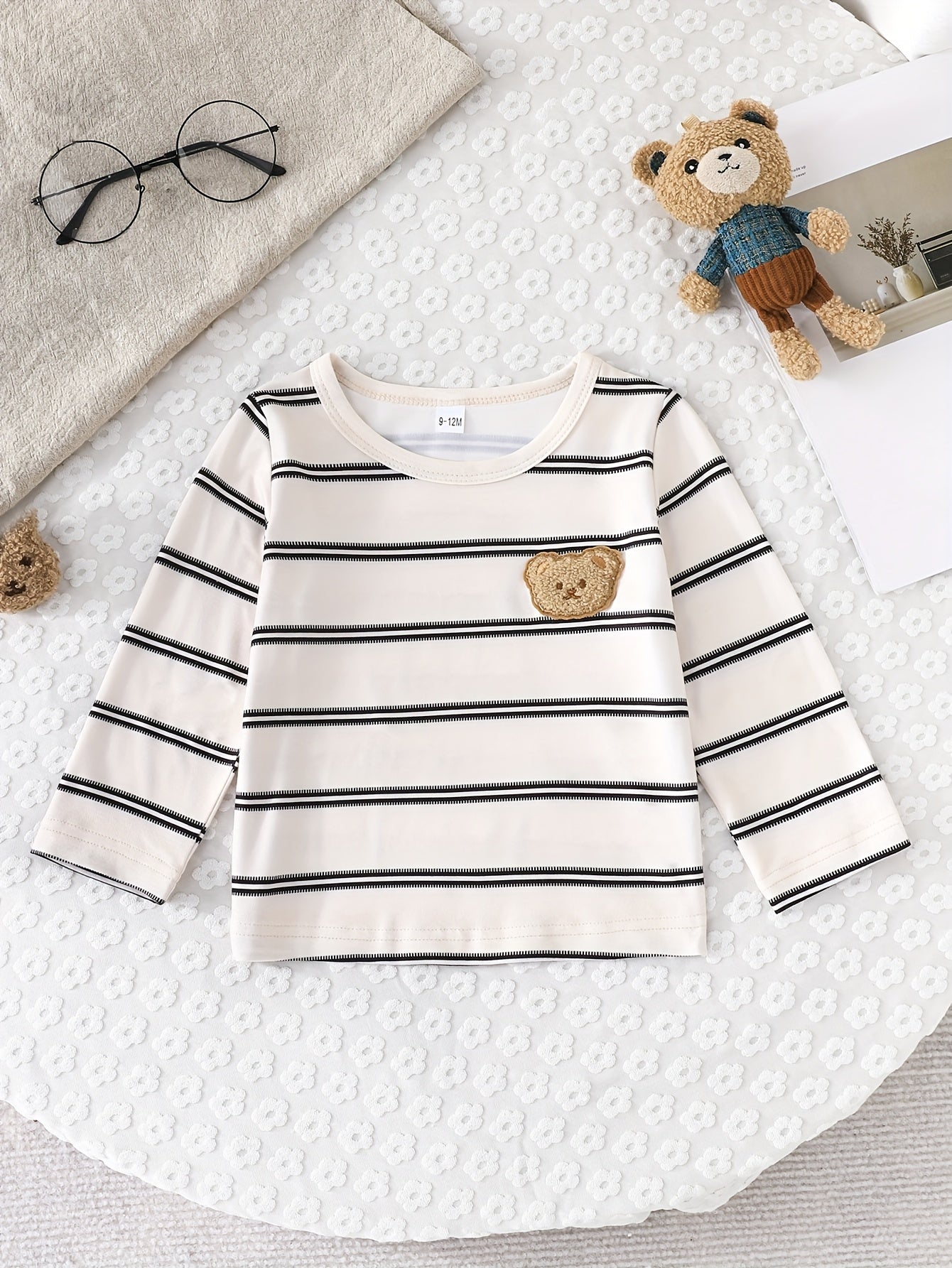 Kids Boys Three-Piece T-Shirt Set Long Sleeve Embroidered Bear Striped and Solid Colors