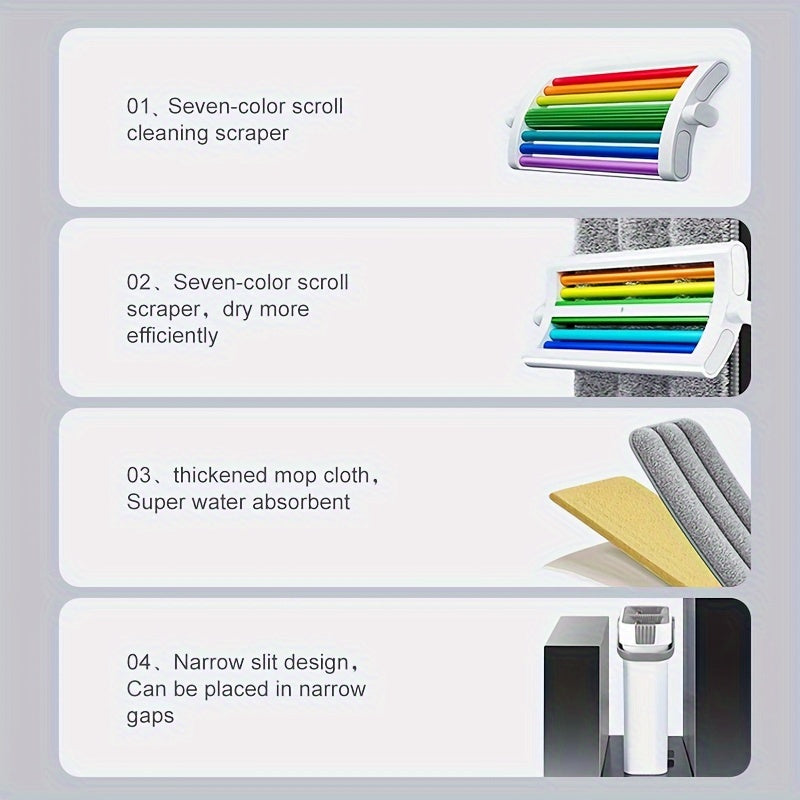 "Teng mop va chelak to'plami, wringer bilan, tor kamalak qirqish qo'lga tegmasdan yuvish teng mop, 2 mop padlari, barcha qavat turlari va derazalar uchun nam va quruq foydalanish uchun mos, zarur tozalash materiallari va asbob."