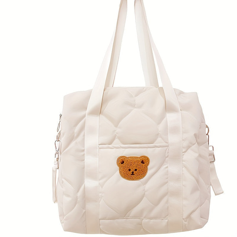 Diaper Bag with Bear Design Stroller-Friendly Travel-Ready Polyester White Black