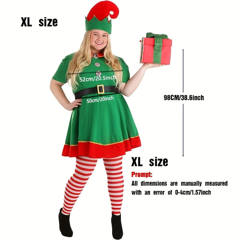 Women's Christmas Elf Costume Set Includes Dress Hat Socks Belt Holiday Party Wear