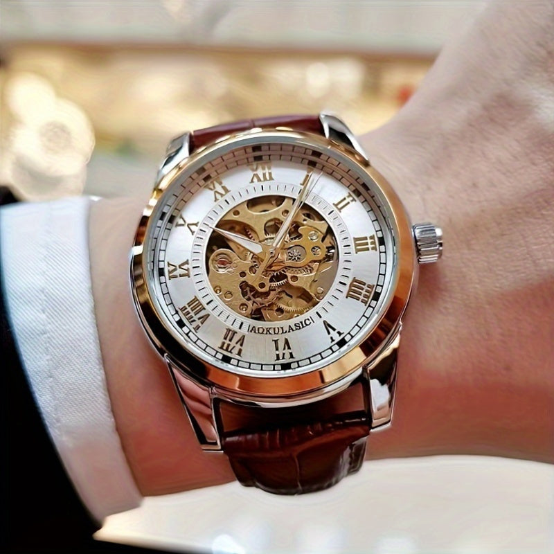 Men's Automatic Mechanical Watch Skeleton Design Brown Faux Leather Strap Casual Business Gift