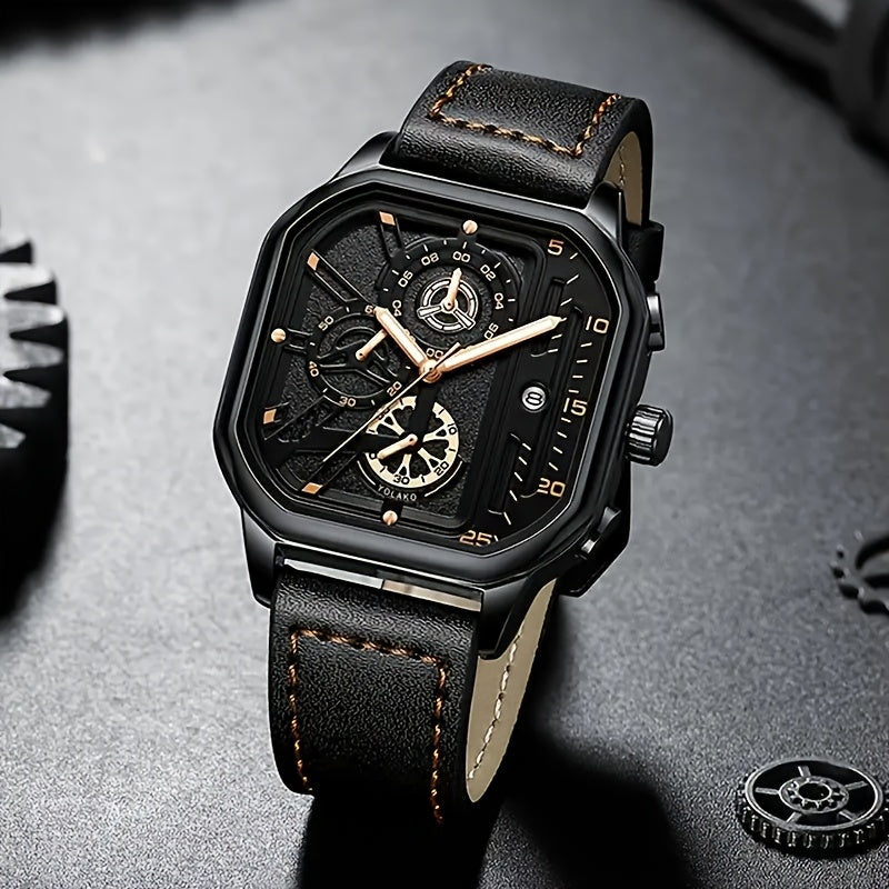 Men's Sports Watch Quartz Square Alloy Case Faux Leather Strap Non-Waterproof Calendar