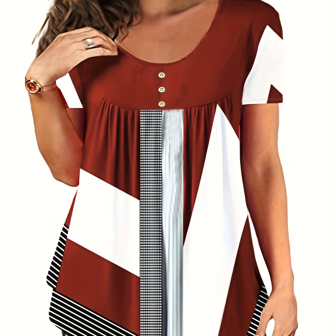 Plus o'lchamdagi kundalik T-shirt ayollar uchun rang-barang nuqta chiziqli qisqa ko'ylakli, dumaloq bo'yinli