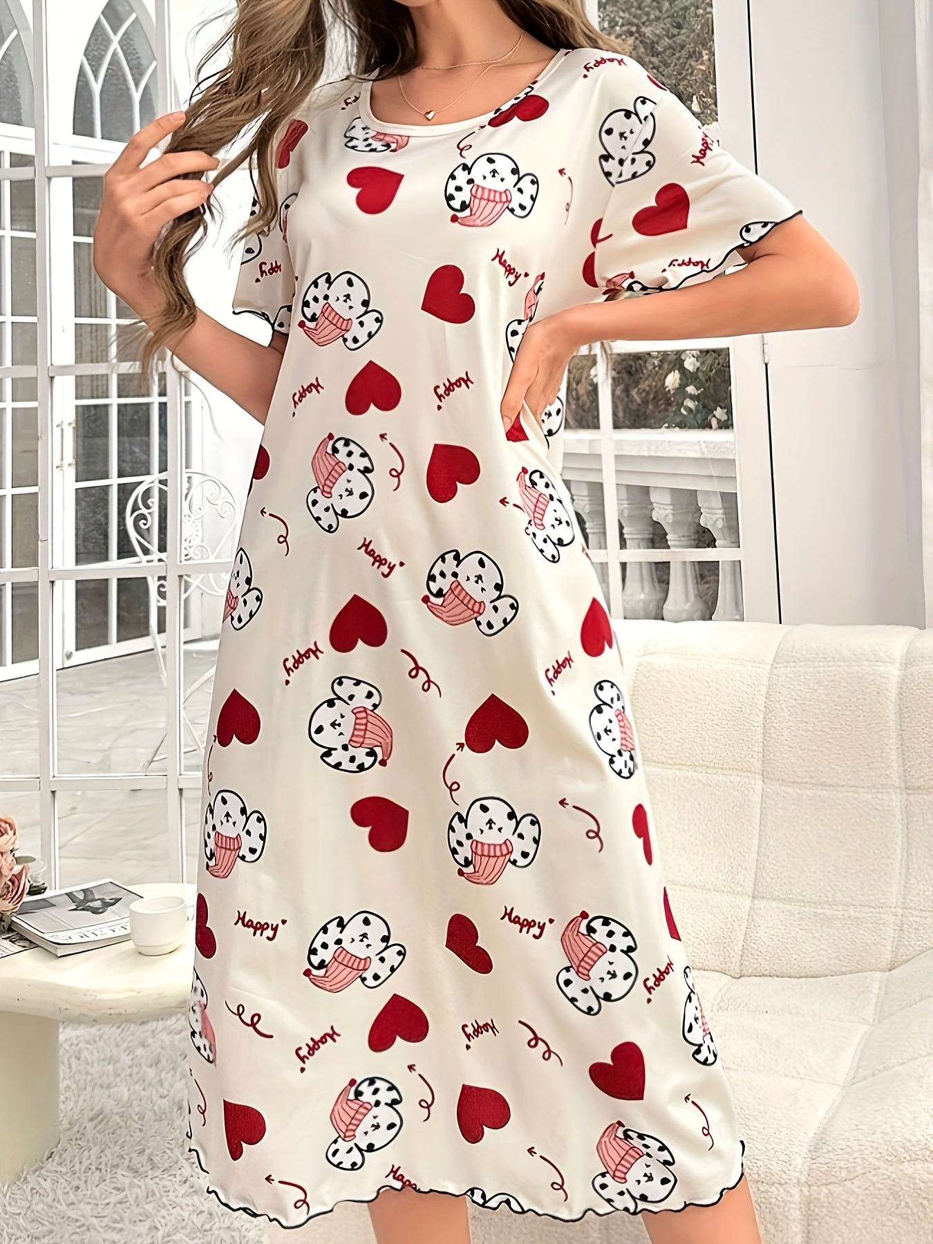 Women's Cozy Pajama Dress with Spotted Dog and Heart Print Short Sleeve Round Neck Soft Polyester Blend