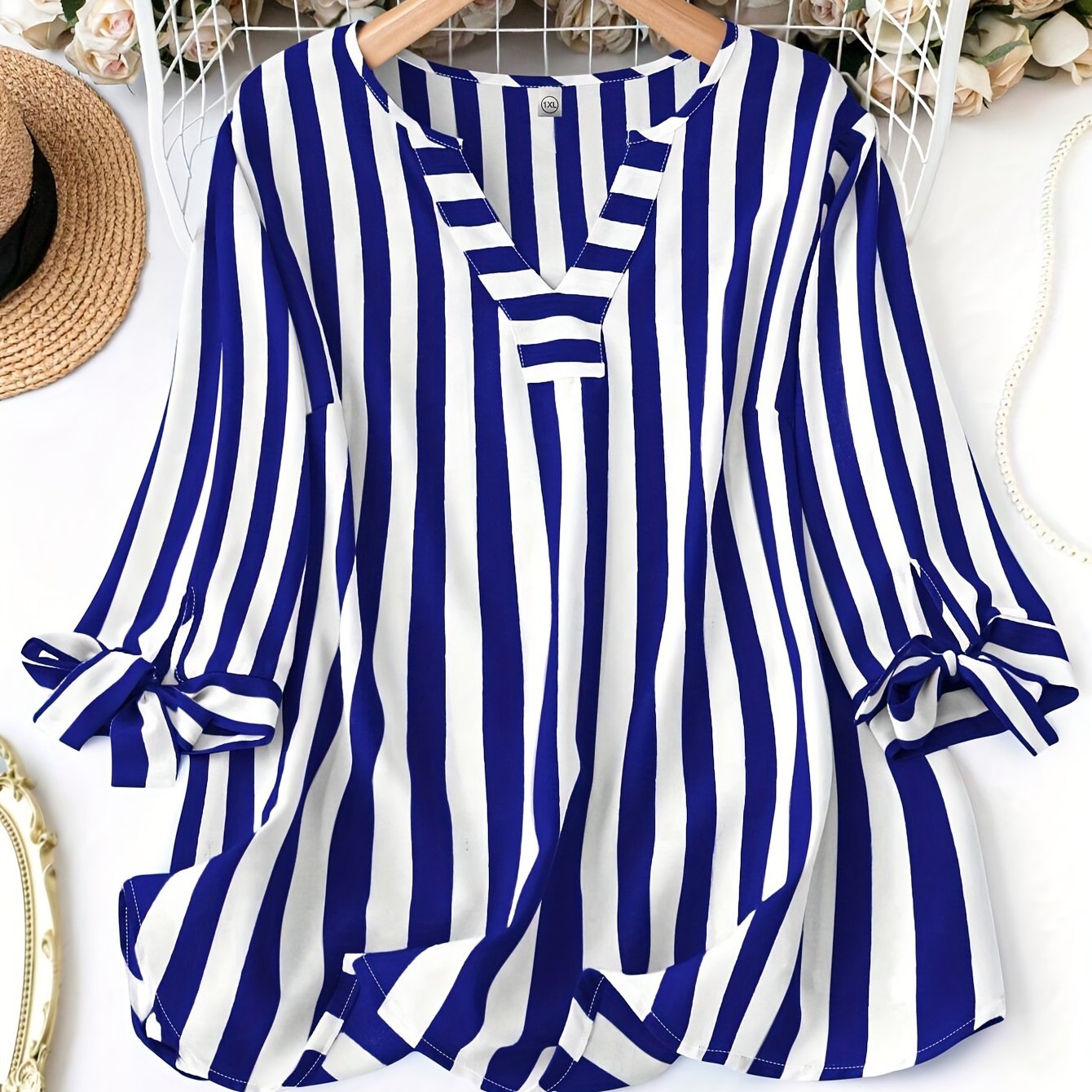 Plus Size Striped Blouse with Notched Neck Tie Cuff for Spring