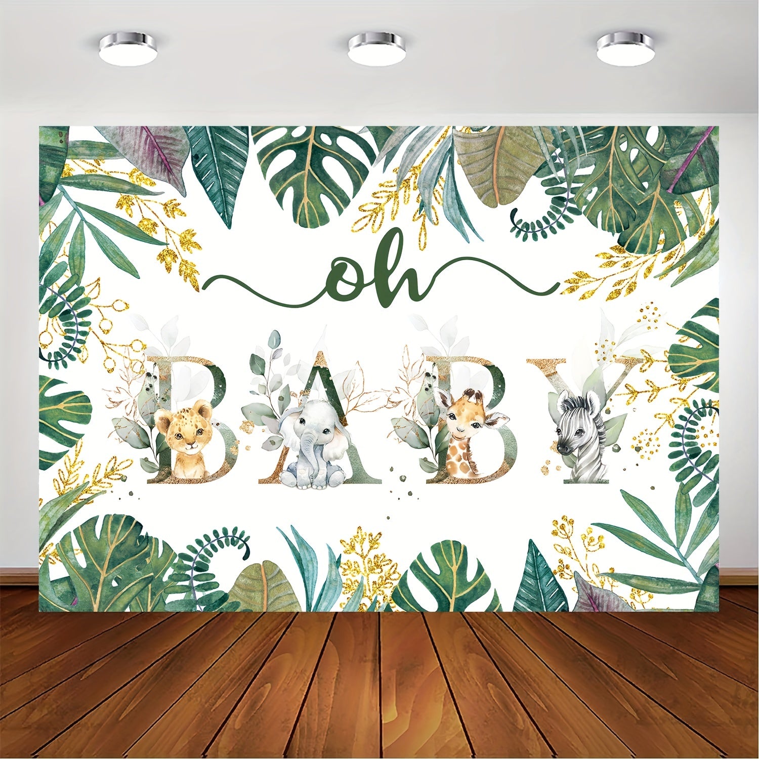 Gender-Neutral Jungle Safari Backdrop for Party Green Leaves Gold Accents 213x152cm